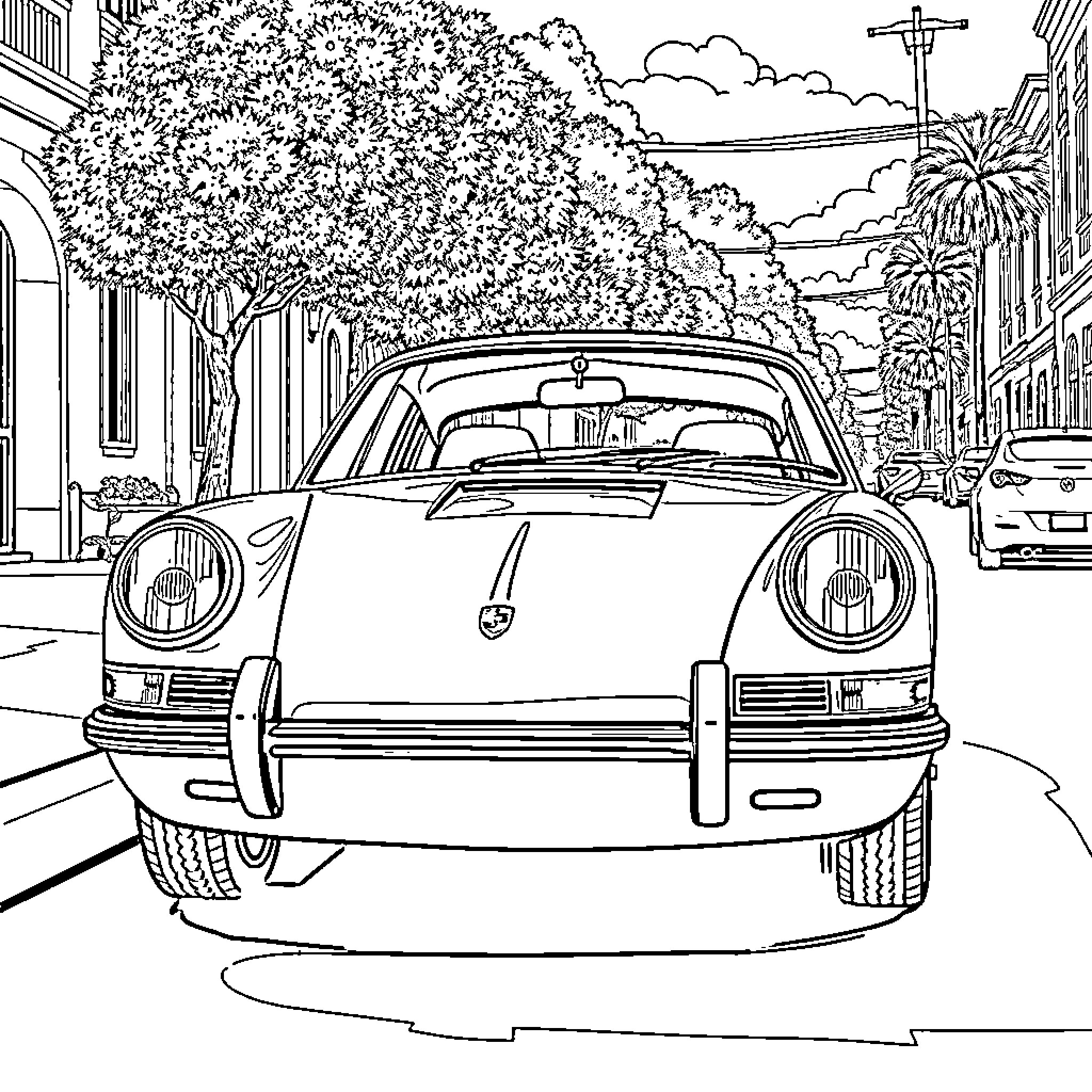 Porsche classic car on a city street Coloring Page (free black-and-white line drawing printable PDF for all, from beginners to advanced learners, including children, teens, adults, and seniors)