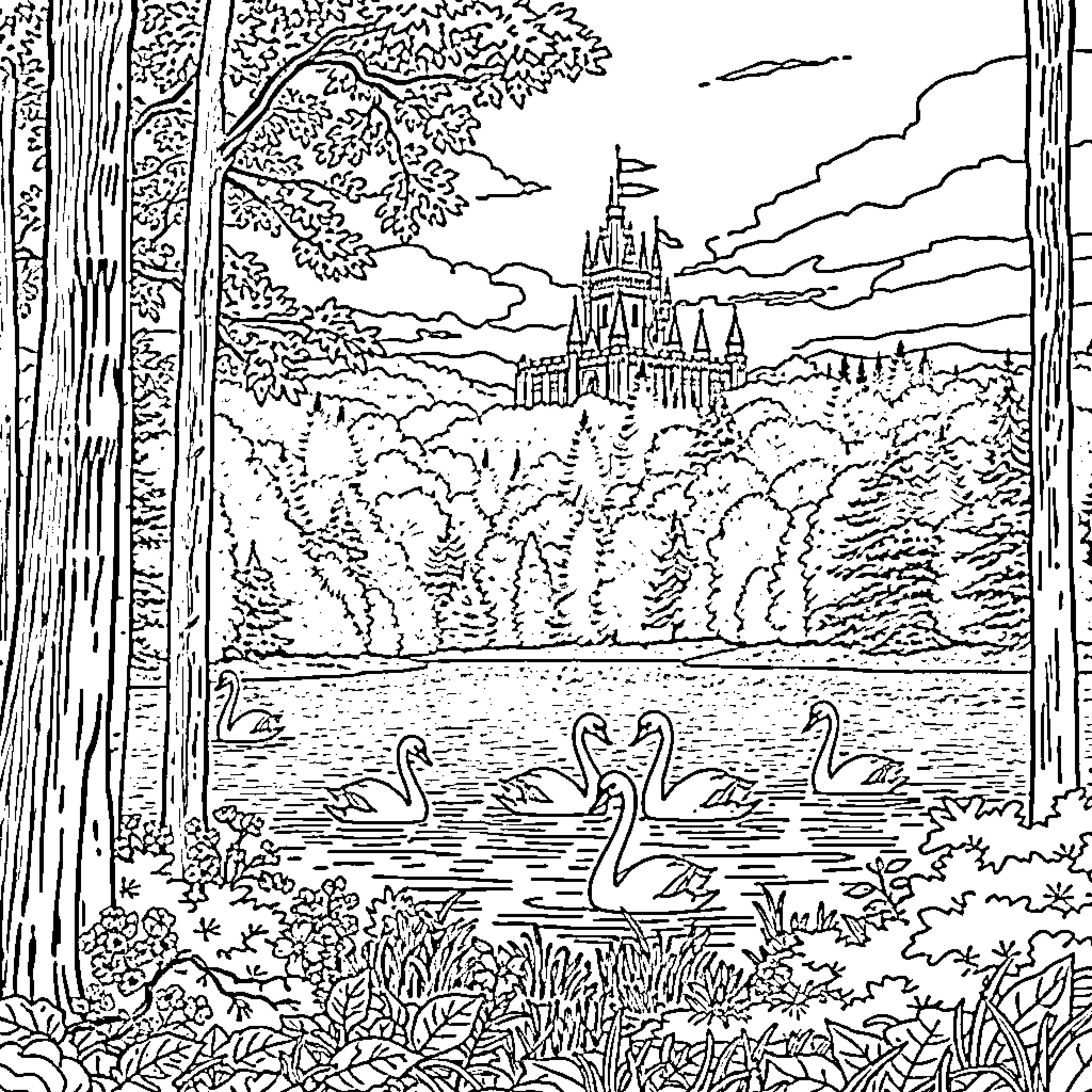 Swan Swans Swimming in Enchanted Castle Lake Coloring Page (free black-and-white line drawing printable PDF for all, from beginners to advanced learners, including children, teens, adults, and seniors)