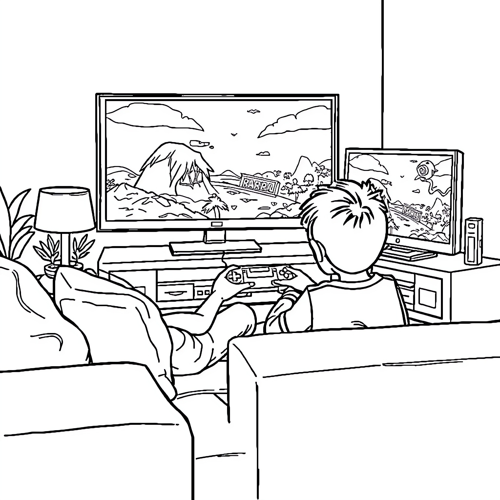 Pumuda playing video games on couch Coloring Page (free black-and-white line drawing printable PDF for all, from beginners to advanced learners, including children, teens, adults, and seniors)