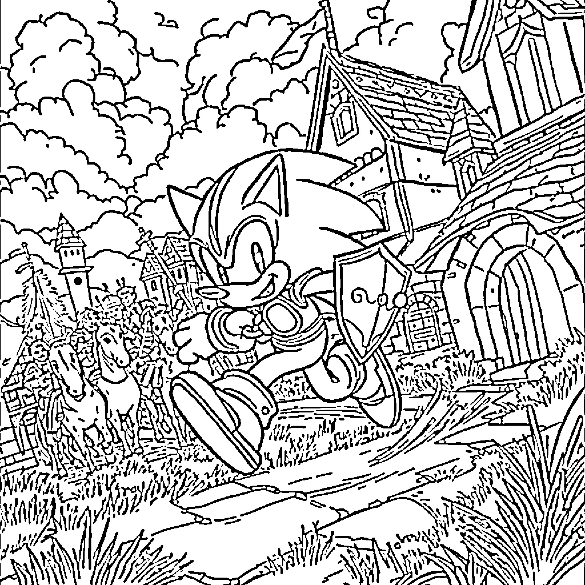 Sonic's Adventurous Exploration in a Vibrant Landscape Coloring Page (free black-and-white line drawing printable PDF for all, from beginners to advanced learners, including children, teens, adults, and seniors)
