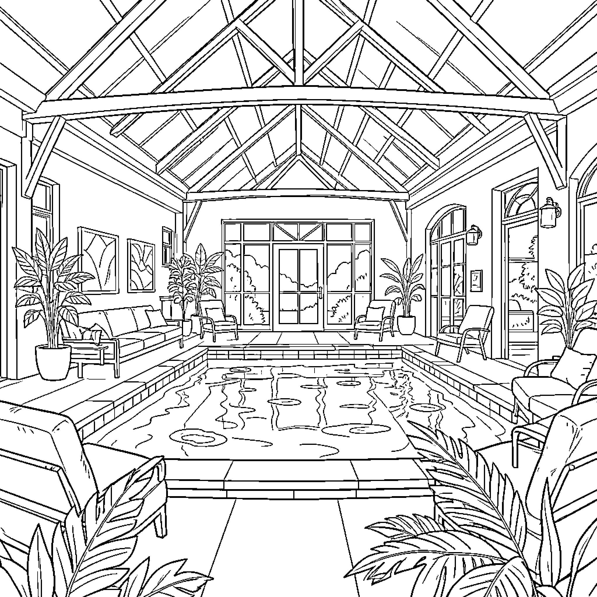 Atelier showcasing a tranquil indoor pool and sunroom Coloring Page (free black-and-white line drawing printable PDF for all, from beginners to advanced learners, including children, teens, adults, and seniors)