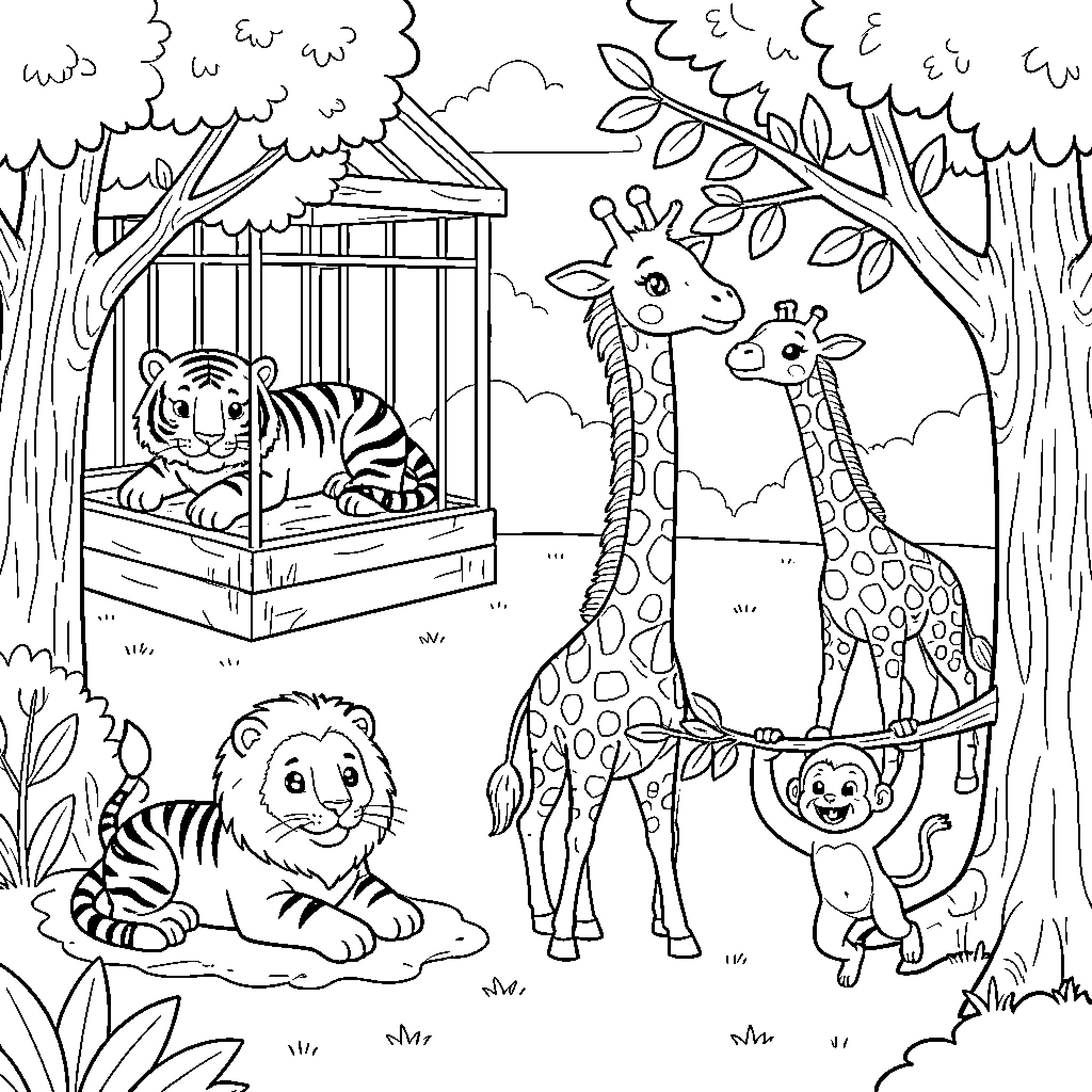 Animal friends gathering together in a jungle scene Coloring Page (free black-and-white line drawing printable PDF for all, from beginners to advanced learners, including children, teens, adults, and seniors)