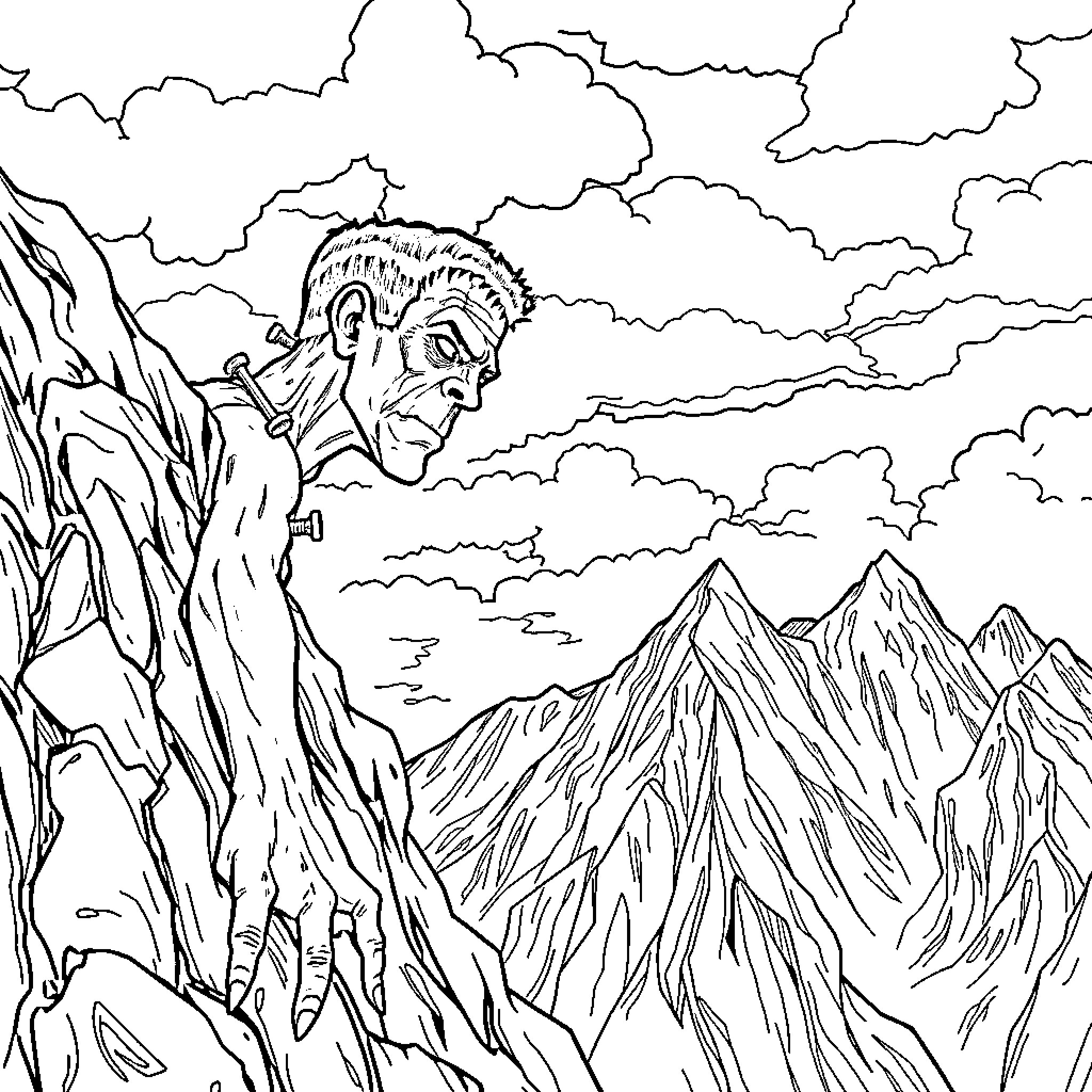 Frankenstein's Monster Roaring Amidst Mountainous Terrain Coloring Page (free black-and-white line drawing printable PDF for all, from beginners to advanced learners, including children, teens, adults, and seniors)