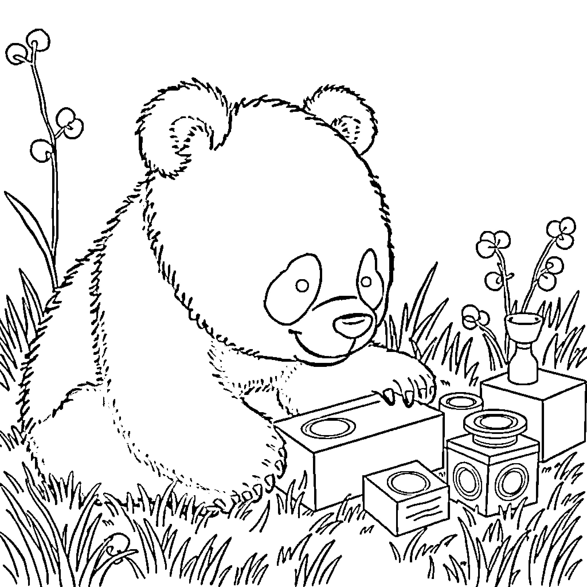 Panda enjoying music in the wild Coloring Page (free black-and-white line drawing printable PDF for all, from beginners to advanced learners, including children, teens, adults, and seniors)