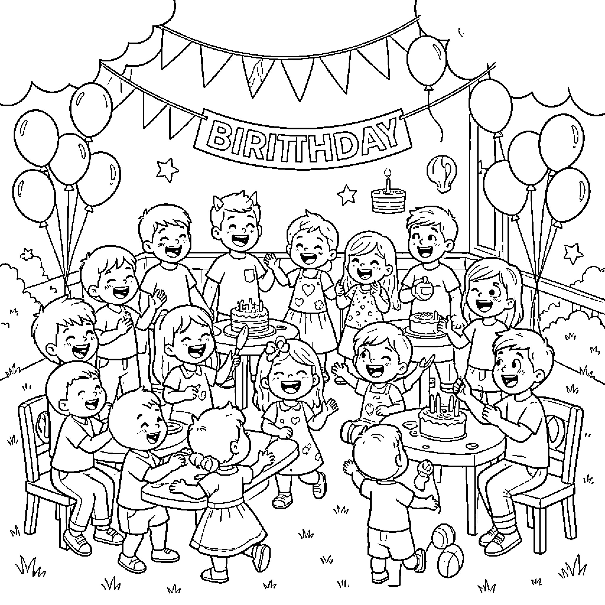 Child celebrating a birthday party with many friends Coloring Page (free black-and-white line drawing printable PDF for all, from beginners to advanced learners, including children, teens, adults, and seniors)