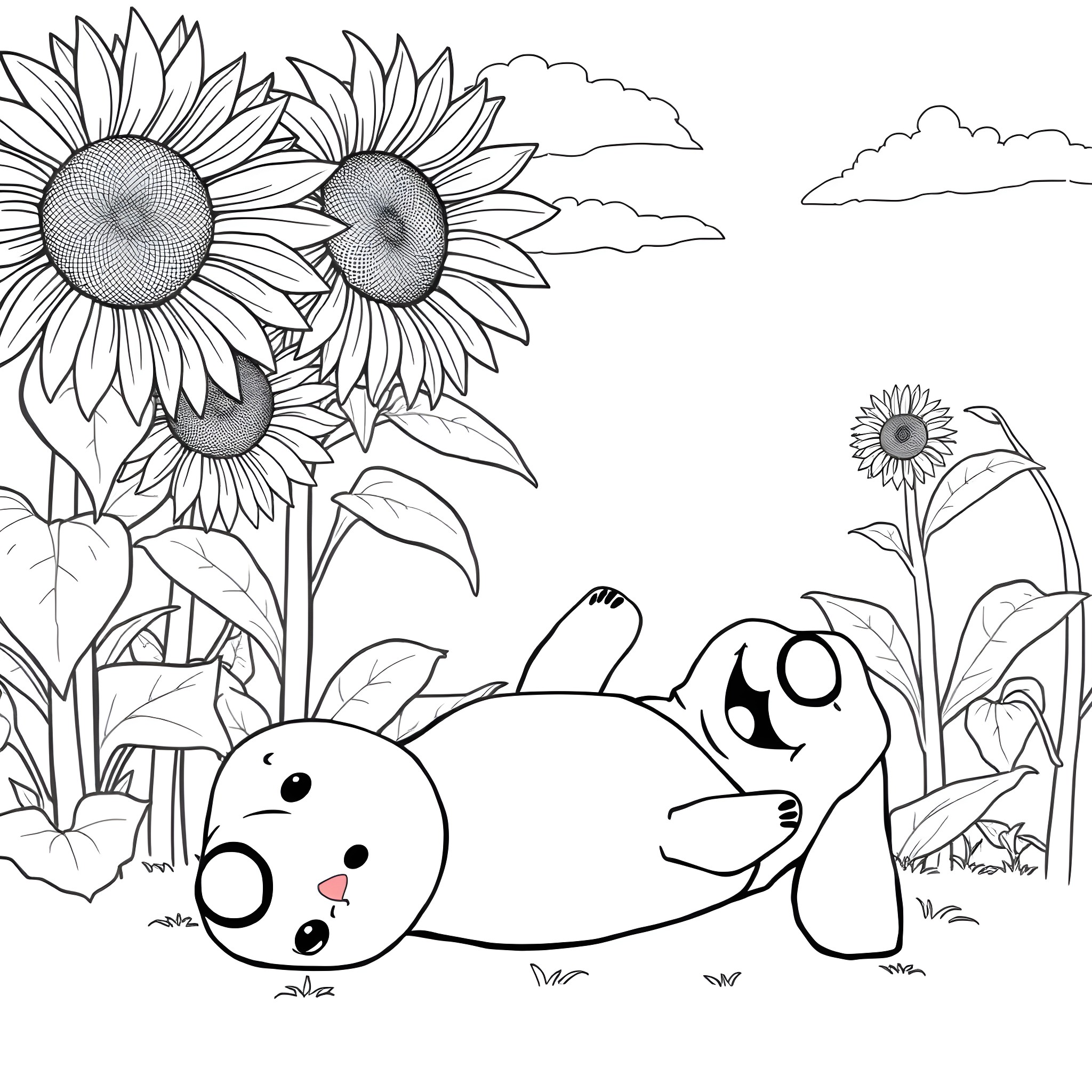 Sausage Dog playing happily in sunflower field Coloring Page (free black-and-white line drawing printable PDF for all, from beginners to advanced learners, including children, teens, adults, and seniors)