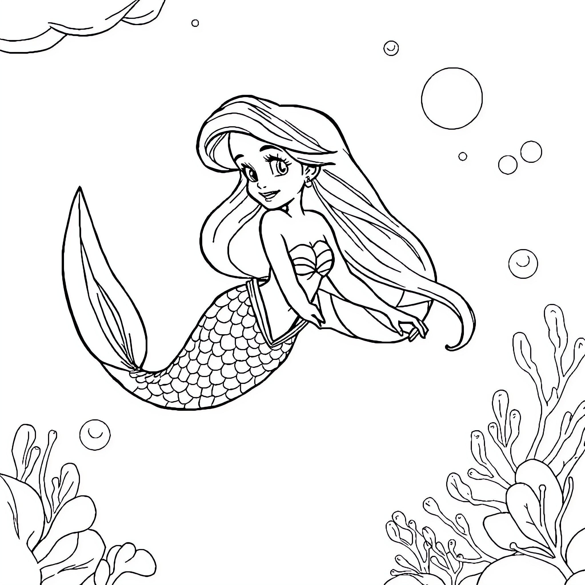 Ariel the Mermaid Swimming Through Underwater Scenery Coloring Page (free black-and-white line drawing printable PDF for all, from beginners to advanced learners, including children, teens, adults, and seniors)