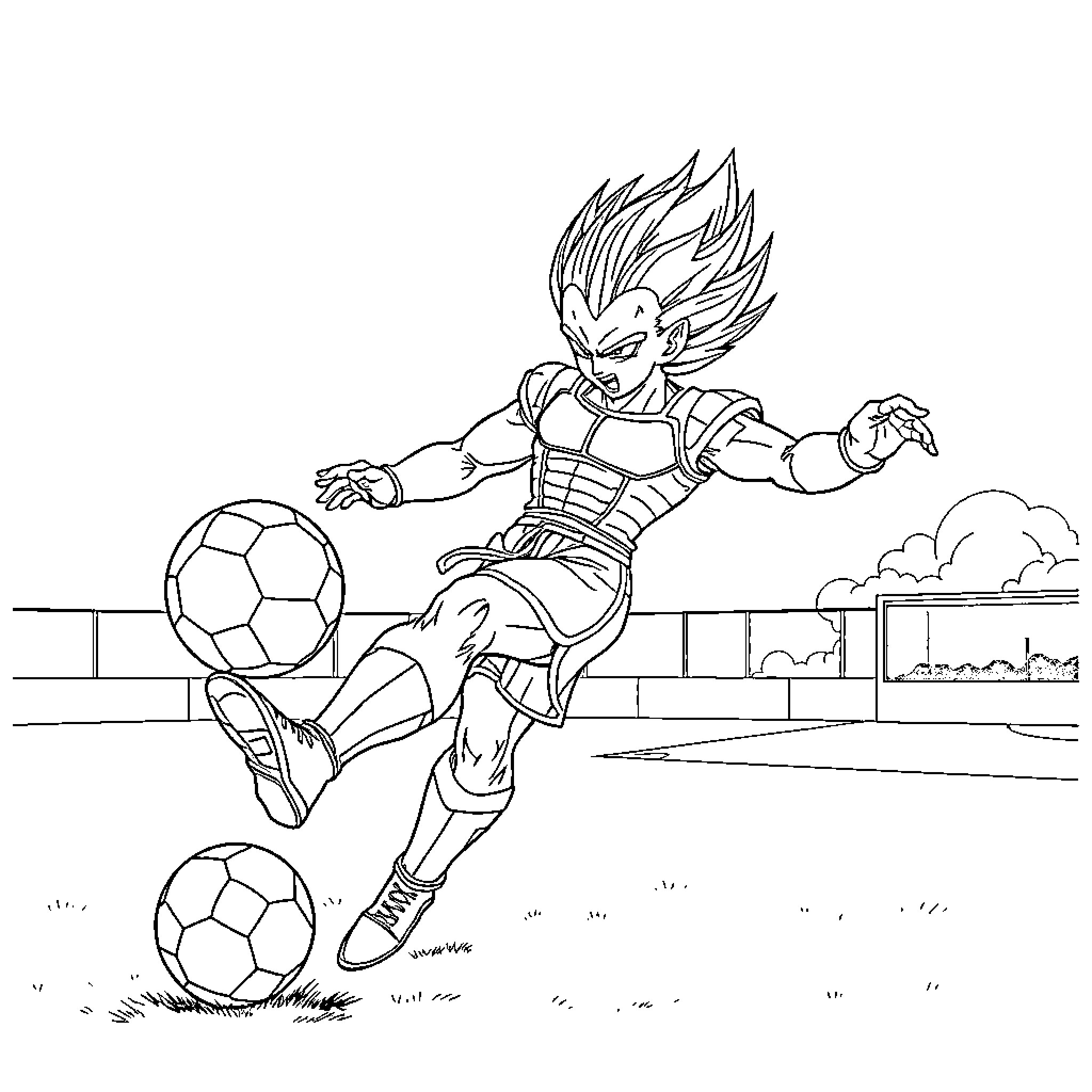 Vegeta Playing Soccer on the Field Coloring Page (free black-and-white line drawing printable PDF for all, from beginners to advanced learners, including children, teens, adults, and seniors)