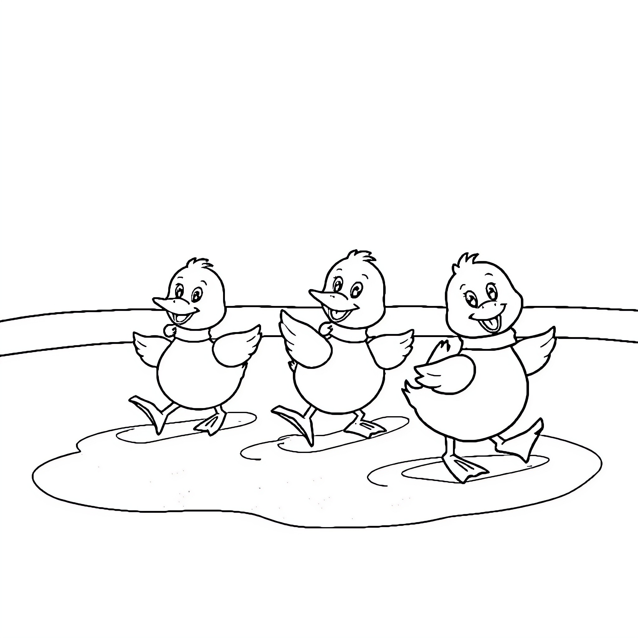 Duck trio waddling joyfully in the park Coloring Page (free black-and-white line drawing printable PDF for all, from beginners to advanced learners, including children, teens, adults, and seniors)