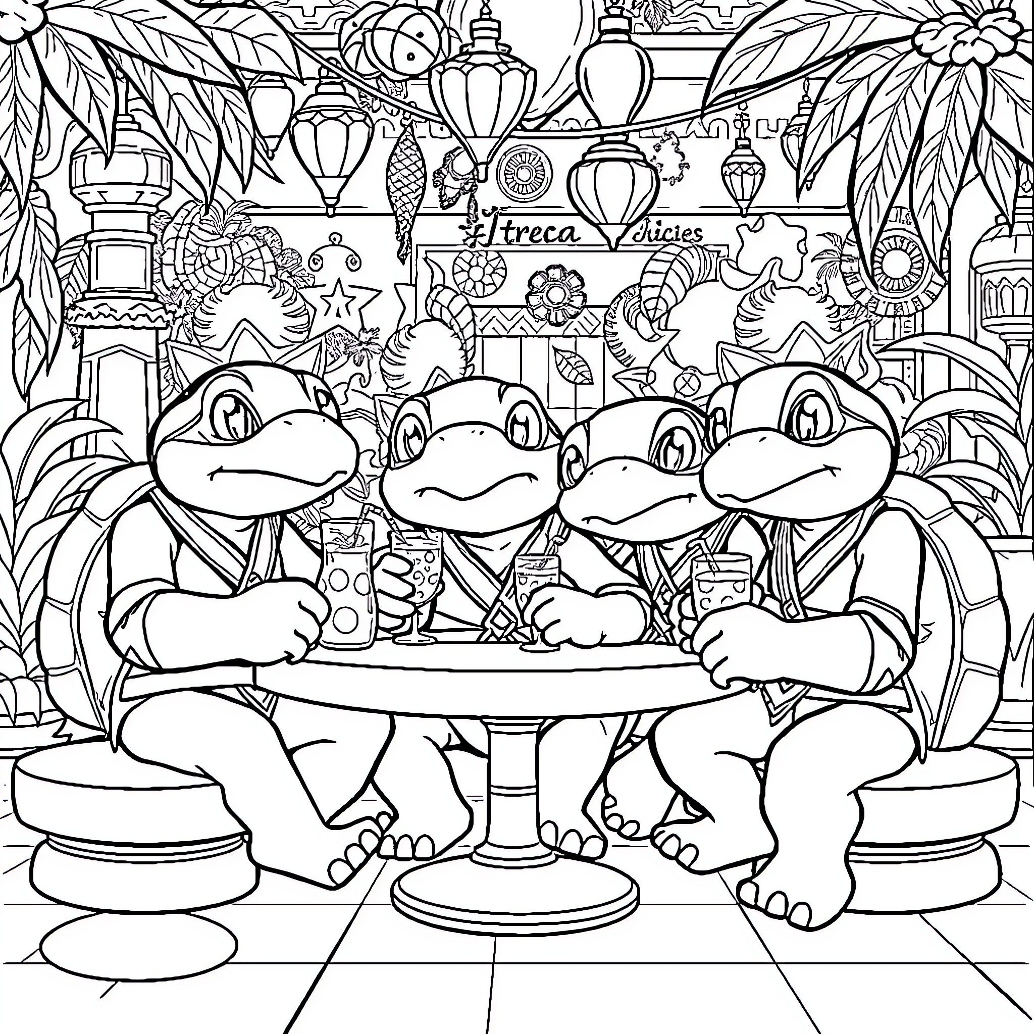 Squirtle enjoying a magical day with friends Coloring Page (free black-and-white line drawing printable PDF for all, from beginners to advanced learners, including children, teens, adults, and seniors)
