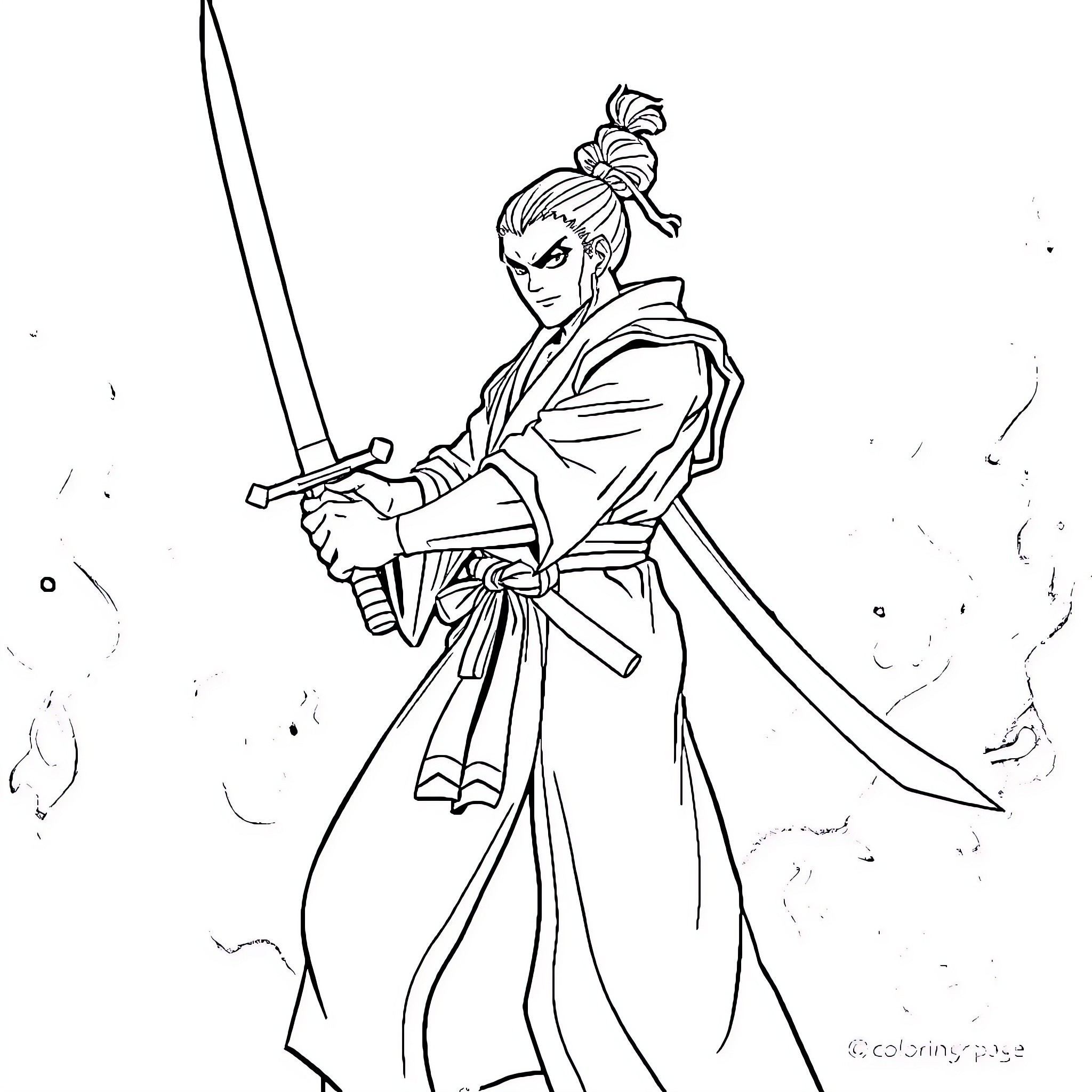 Samurai Jack wielding sword in action-packed pose Coloring Page (free black-and-white line drawing printable PDF for all, from beginners to advanced learners, including children, teens, adults, and seniors)
