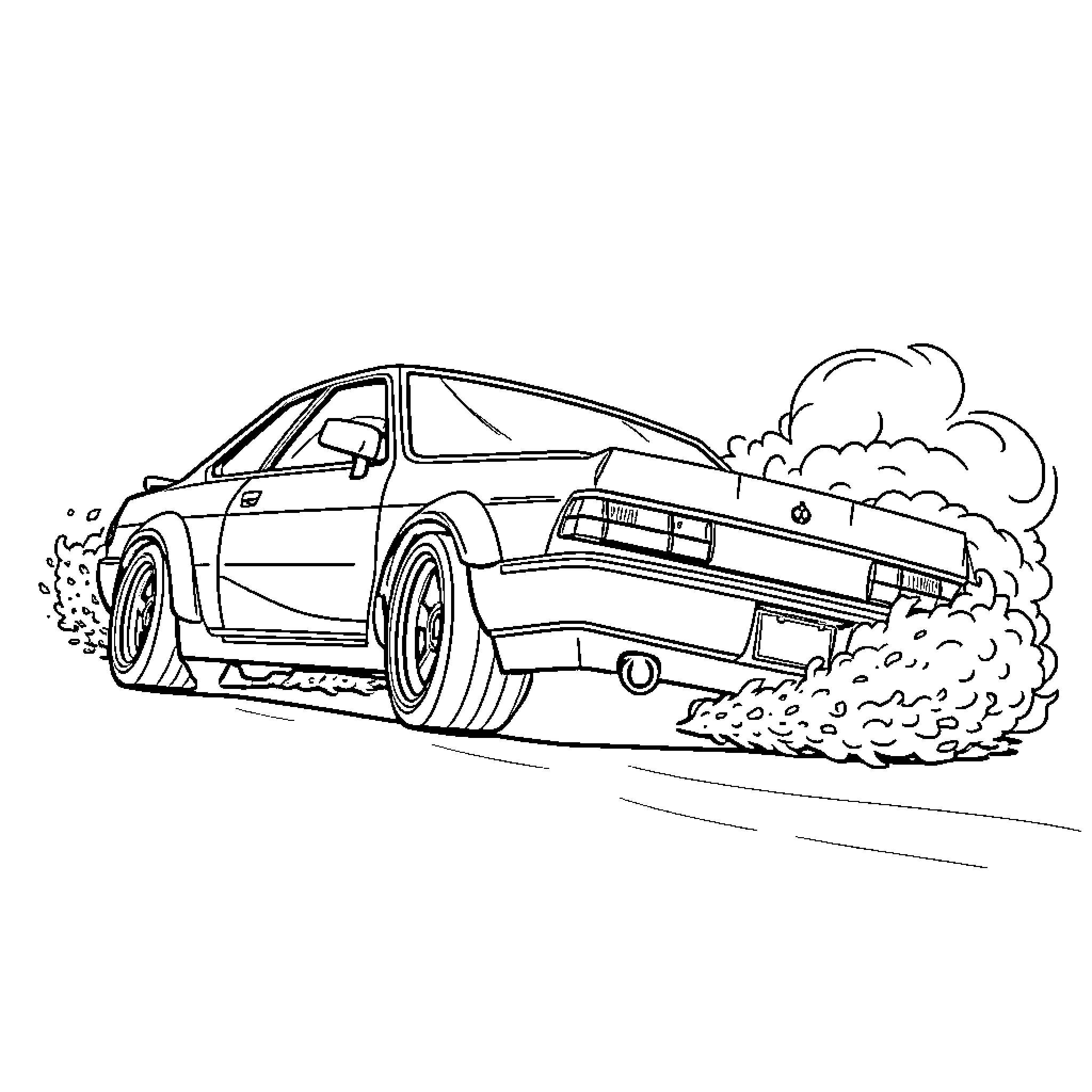 Car speeding on a dirt road Coloring Page (free black-and-white line drawing printable PDF for all, from beginners to advanced learners, including children, teens, adults, and seniors)