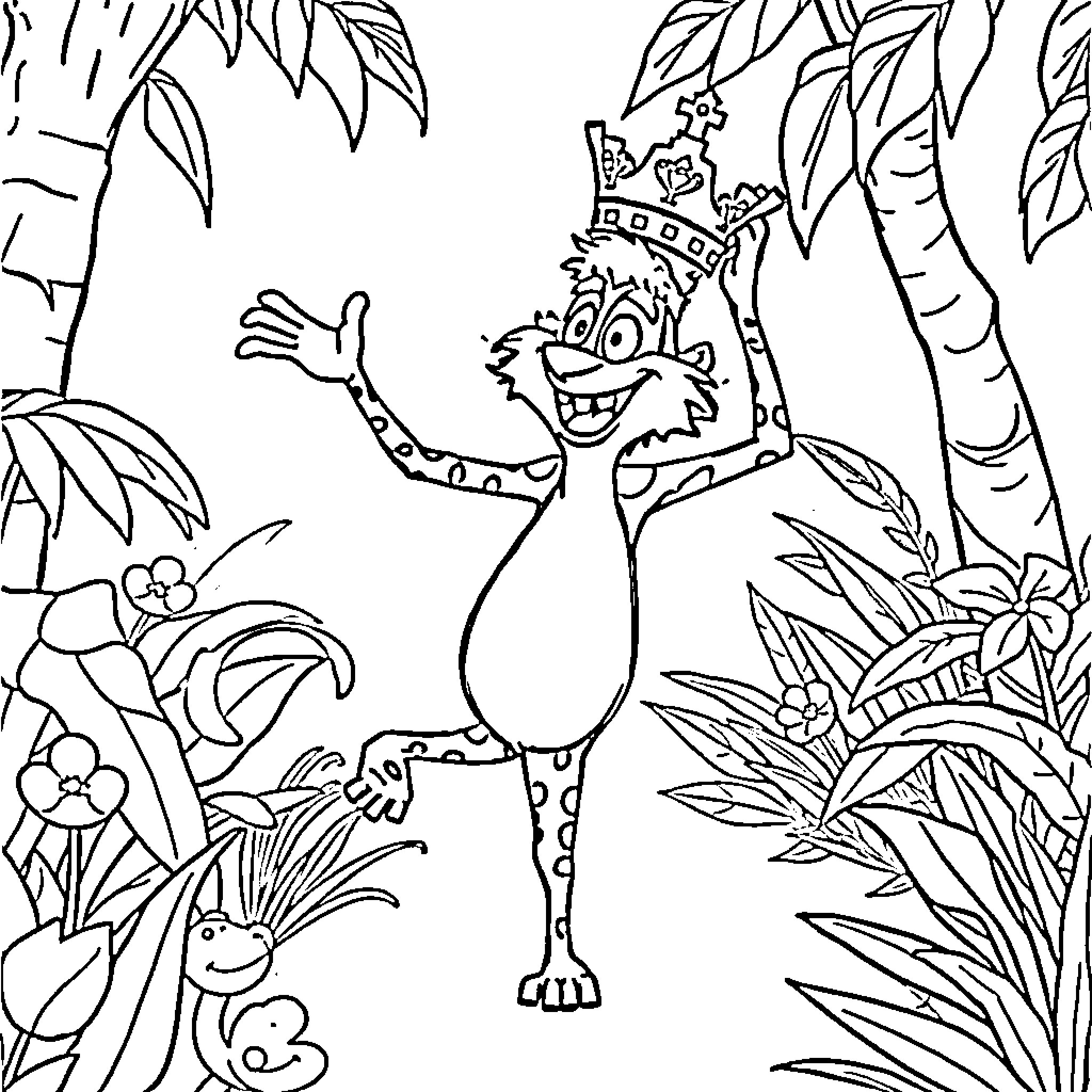 King Julien's Cheerful Jungle Adventure Coloring Page (free black-and-white line drawing printable PDF for all, from beginners to advanced learners, including children, teens, adults, and seniors)