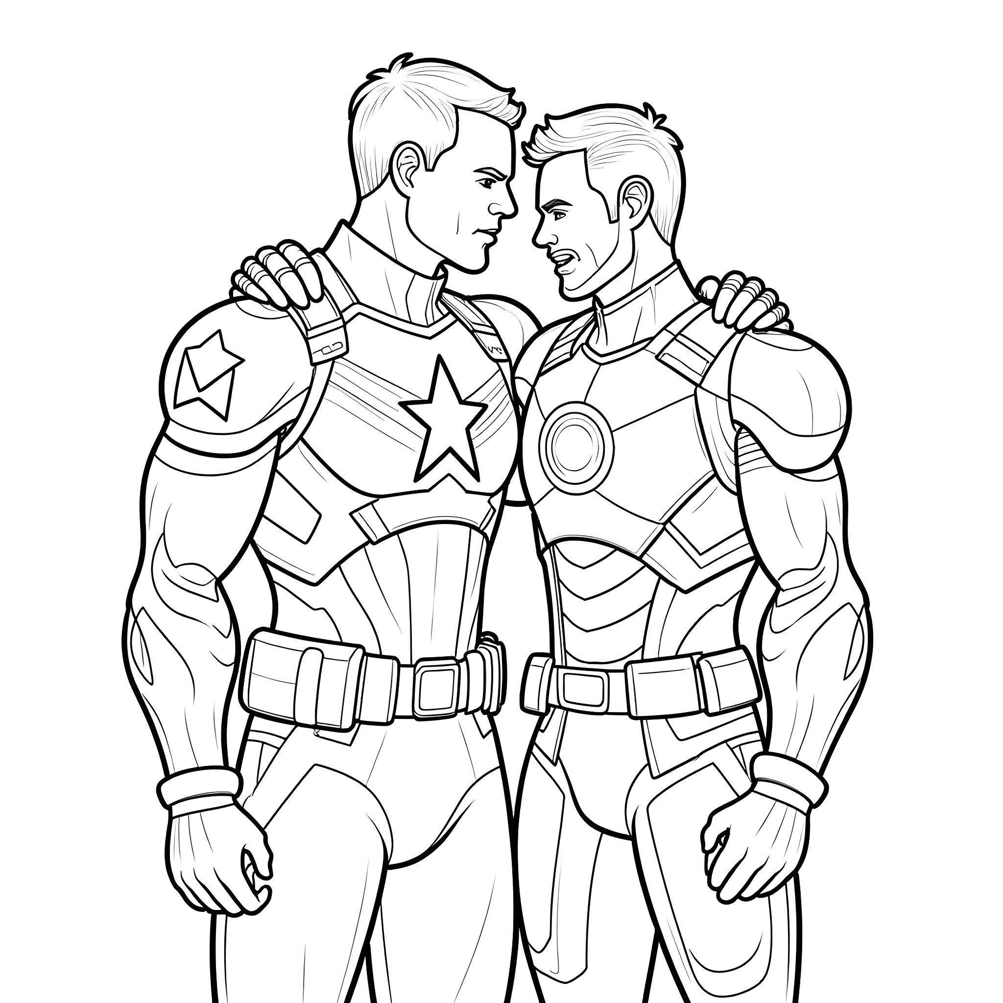Captain America and Iron Man Embrace in Camaraderie Coloring Page (free black-and-white line drawing printable PDF for all, from beginners to advanced learners, including children, teens, adults, and seniors)
