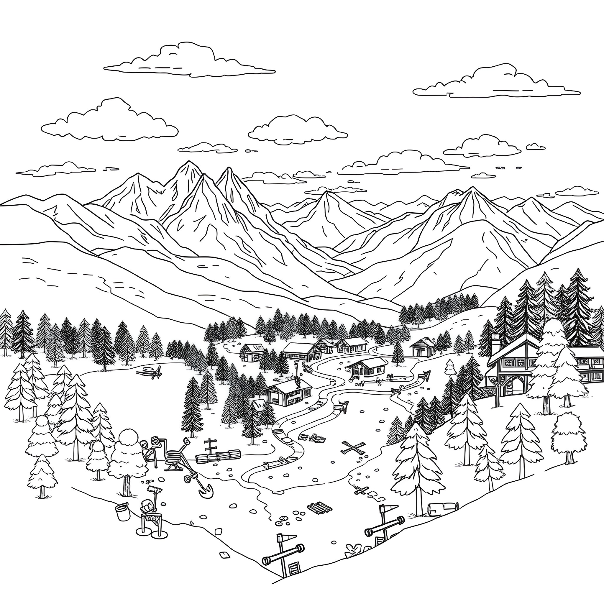 Minecraft mountain village with people, animals, and activities Coloring Page (free black-and-white line drawing printable PDF for all, from beginners to advanced learners, including children, teens, adults, and seniors)