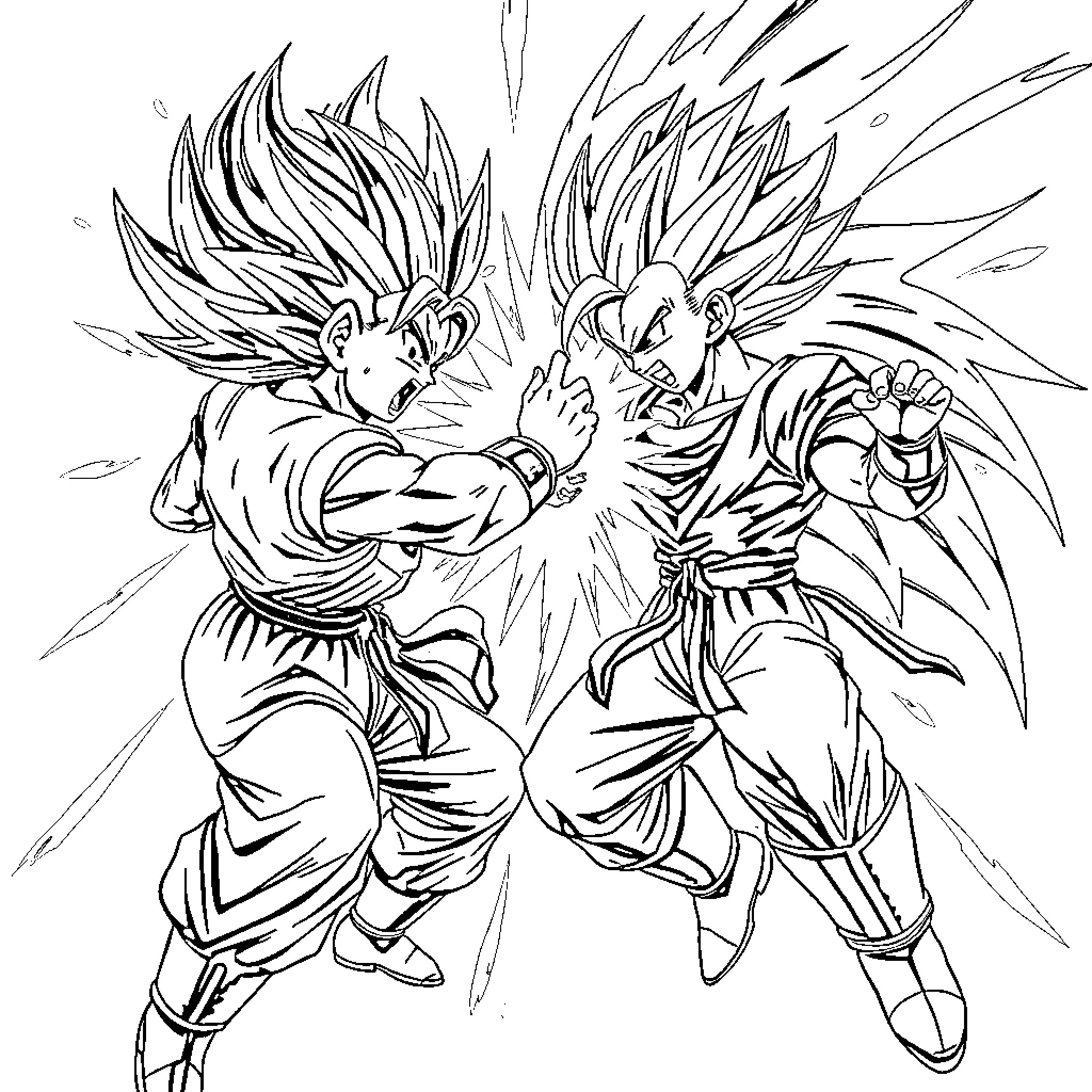 Goku and Vegeta in Intense Battle Coloring Page (free black-and-white line drawing printable PDF for all, from beginners to advanced learners, including children, teens, adults, and seniors)