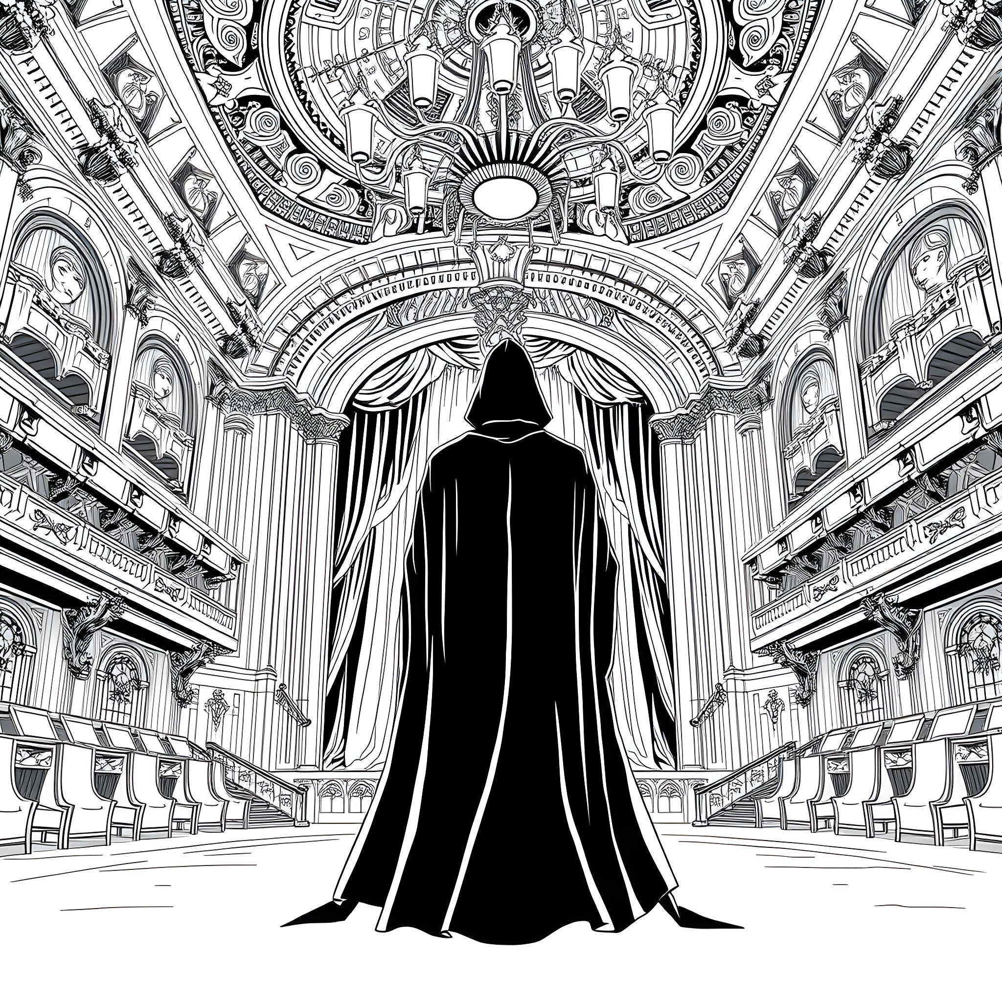 Phantom's Masquerade in a Grand Hall Coloring Page (free black-and-white line drawing printable PDF for all, from beginners to advanced learners, including children, teens, adults, and seniors)