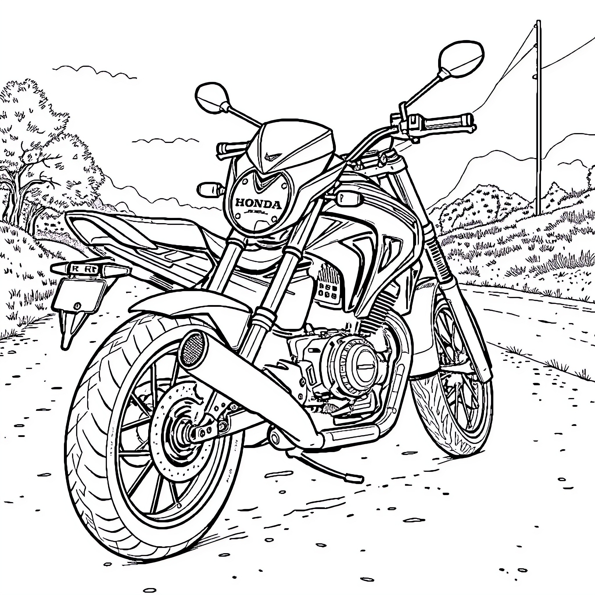 Motorcycle Rider Navigating Scenic Country Road Coloring Page (free black-and-white line drawing printable PDF for all, from beginners to advanced learners, including children, teens, adults, and seniors)