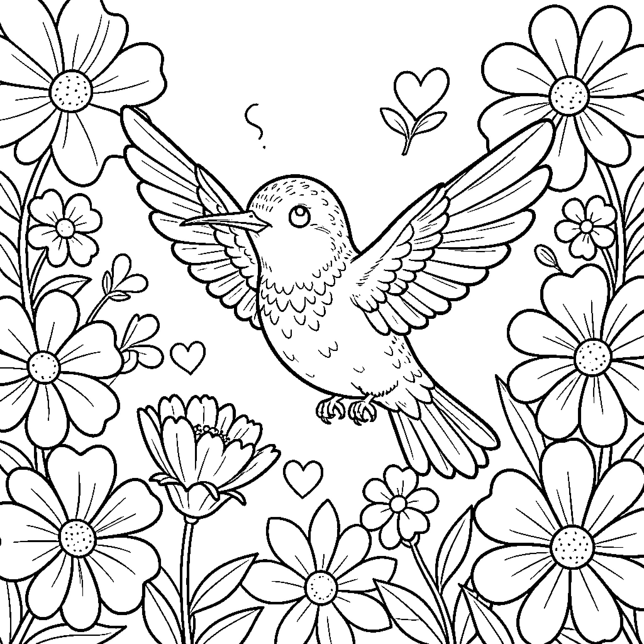 Colibri bird among vibrant floral garden Coloring Page (free black-and-white line drawing printable PDF for all, from beginners to advanced learners, including children, teens, adults, and seniors)