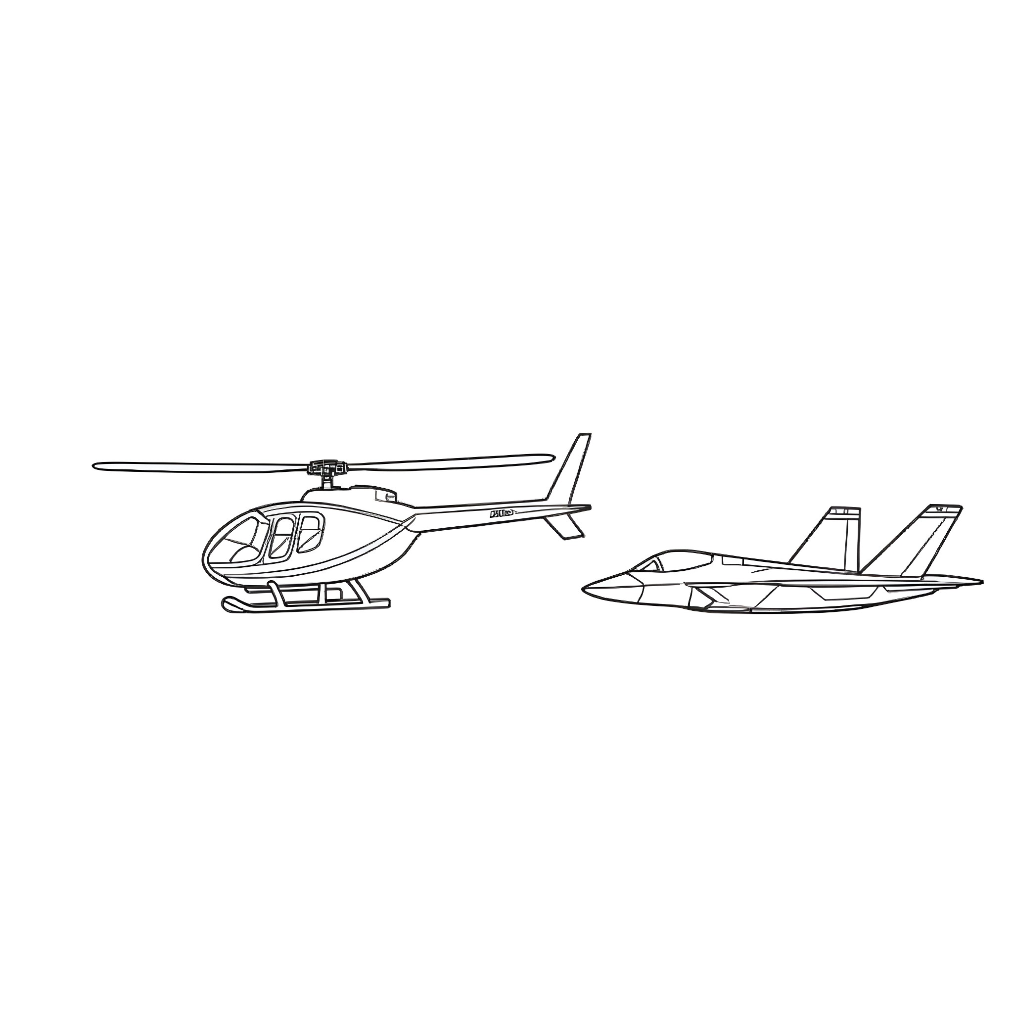 Helicopter and Fighter Jet Sketch Coloring Page (free black-and-white line drawing printable PDF for all, from beginners to advanced learners, including children, teens, adults, and seniors)
