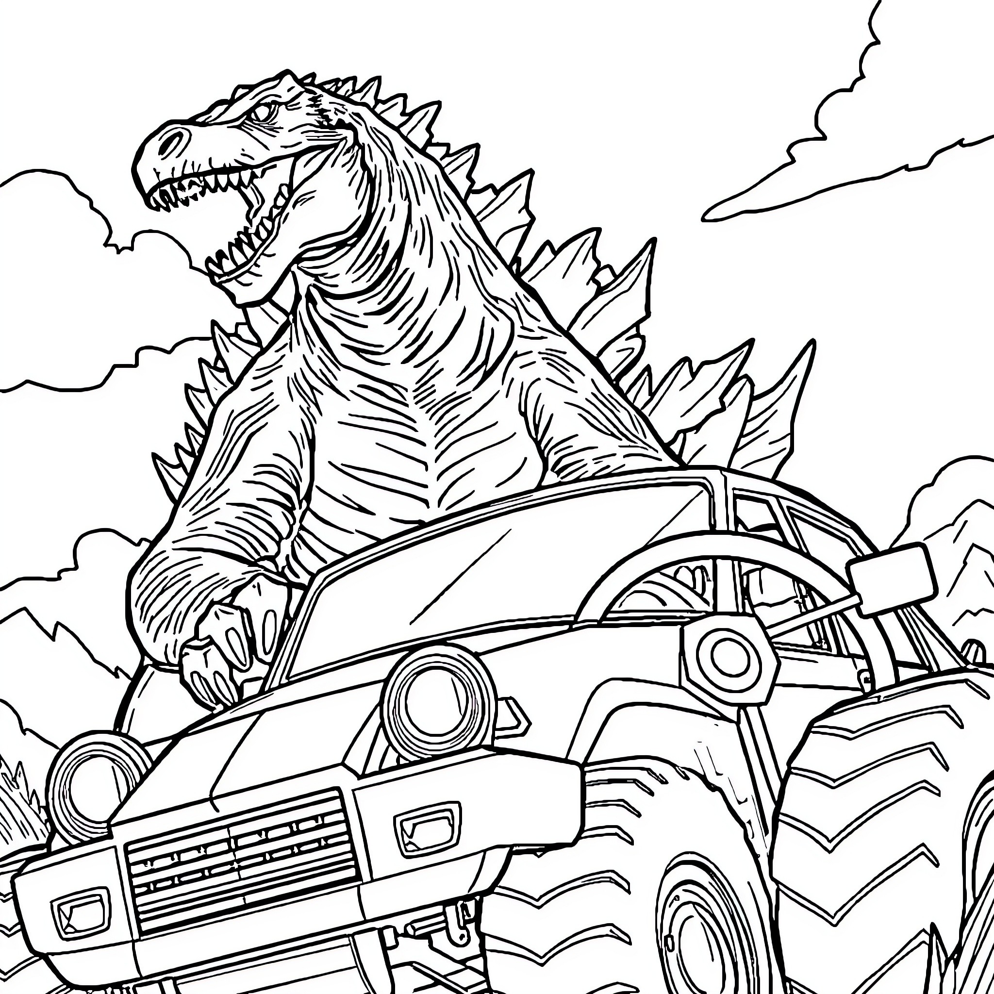 Godzilla stomping on a monster truck in the city Coloring Page (free black-and-white line drawing printable PDF for all, from beginners to advanced learners, including children, teens, adults, and seniors)