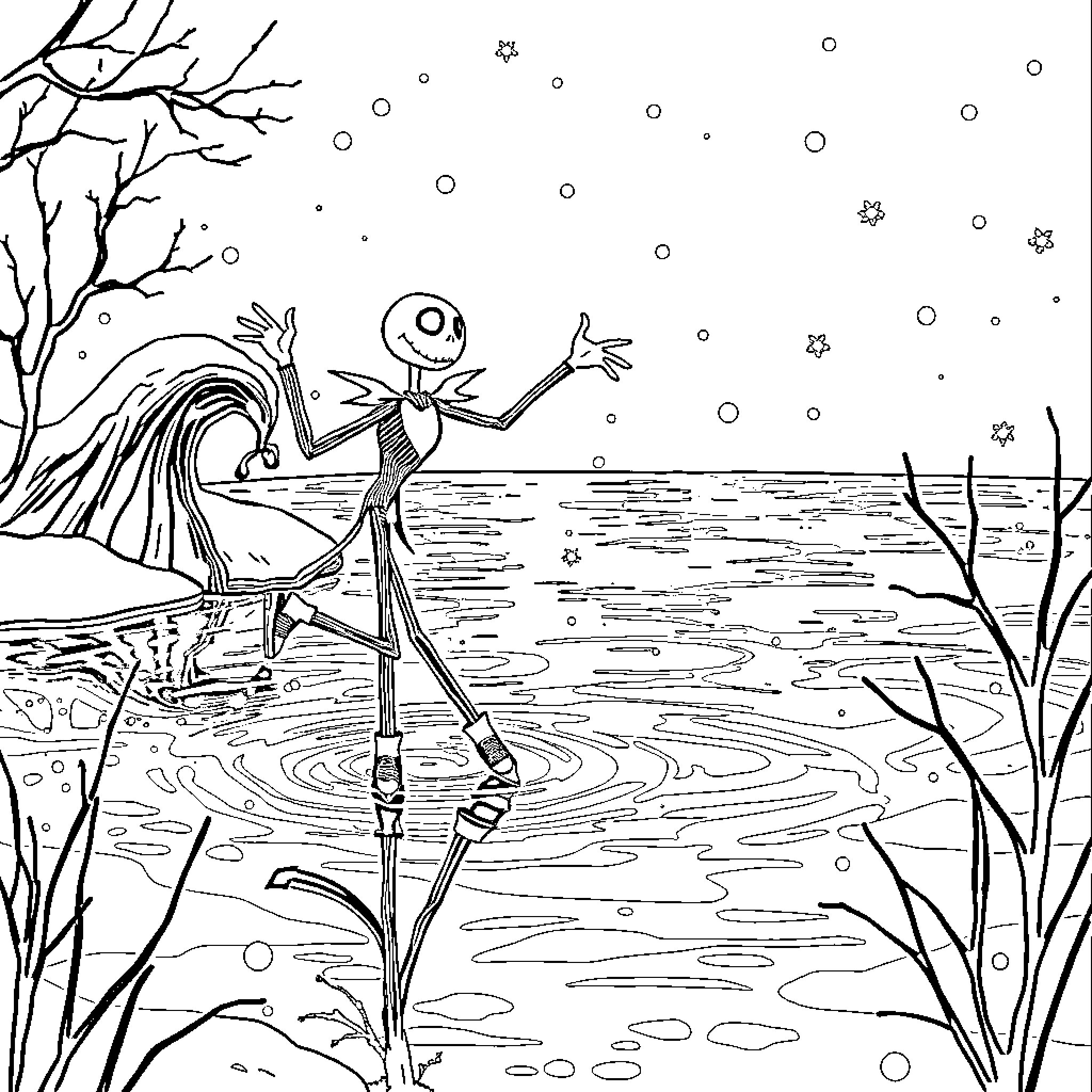 Jack Skellington admiring the winter wonderland Coloring Page (free black-and-white line drawing printable PDF for all, from beginners to advanced learners, including children, teens, adults, and seniors)