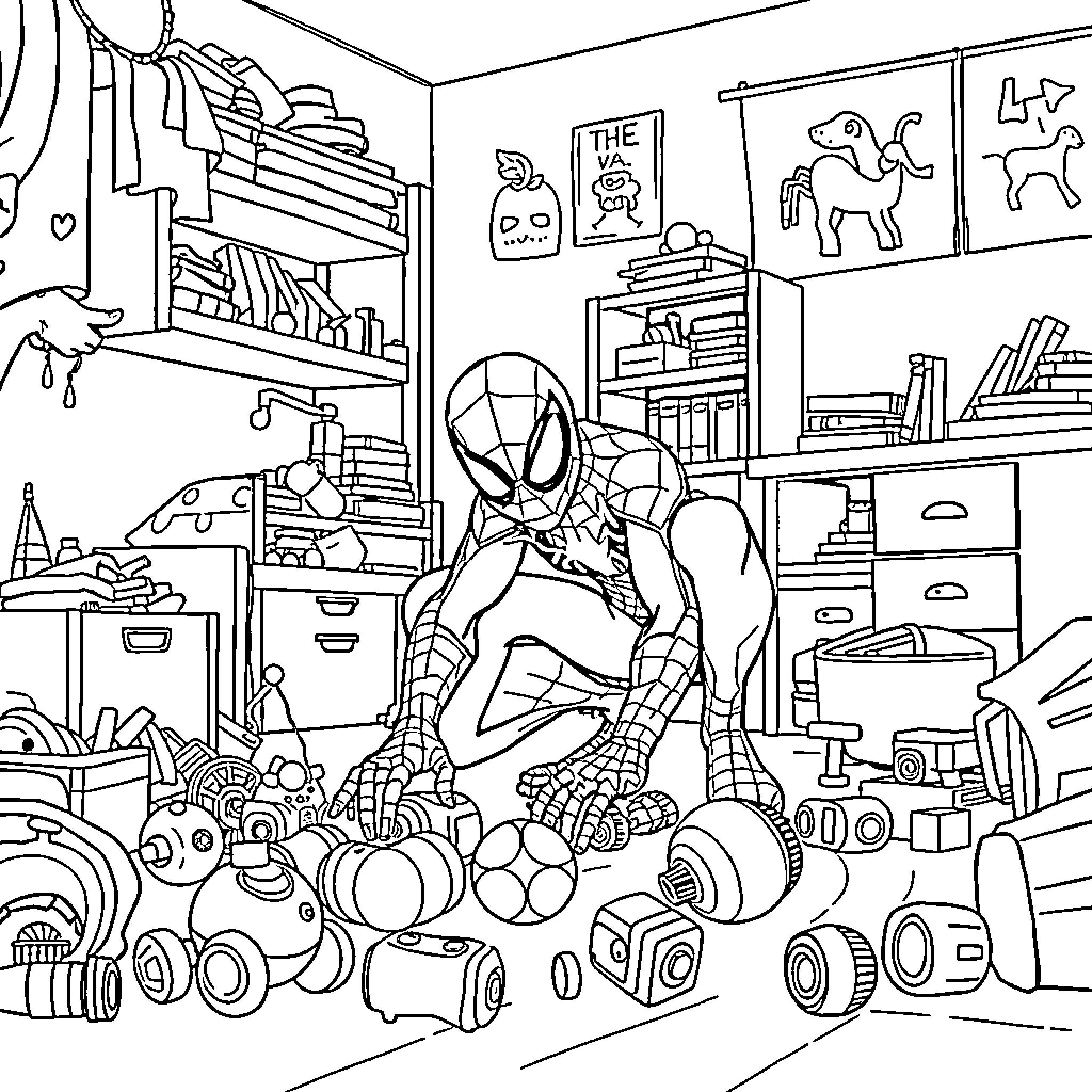 Spiderman exploring a cluttered room filled with toys Coloring Page (free black-and-white line drawing printable PDF for all, from beginners to advanced learners, including children, teens, adults, and seniors)