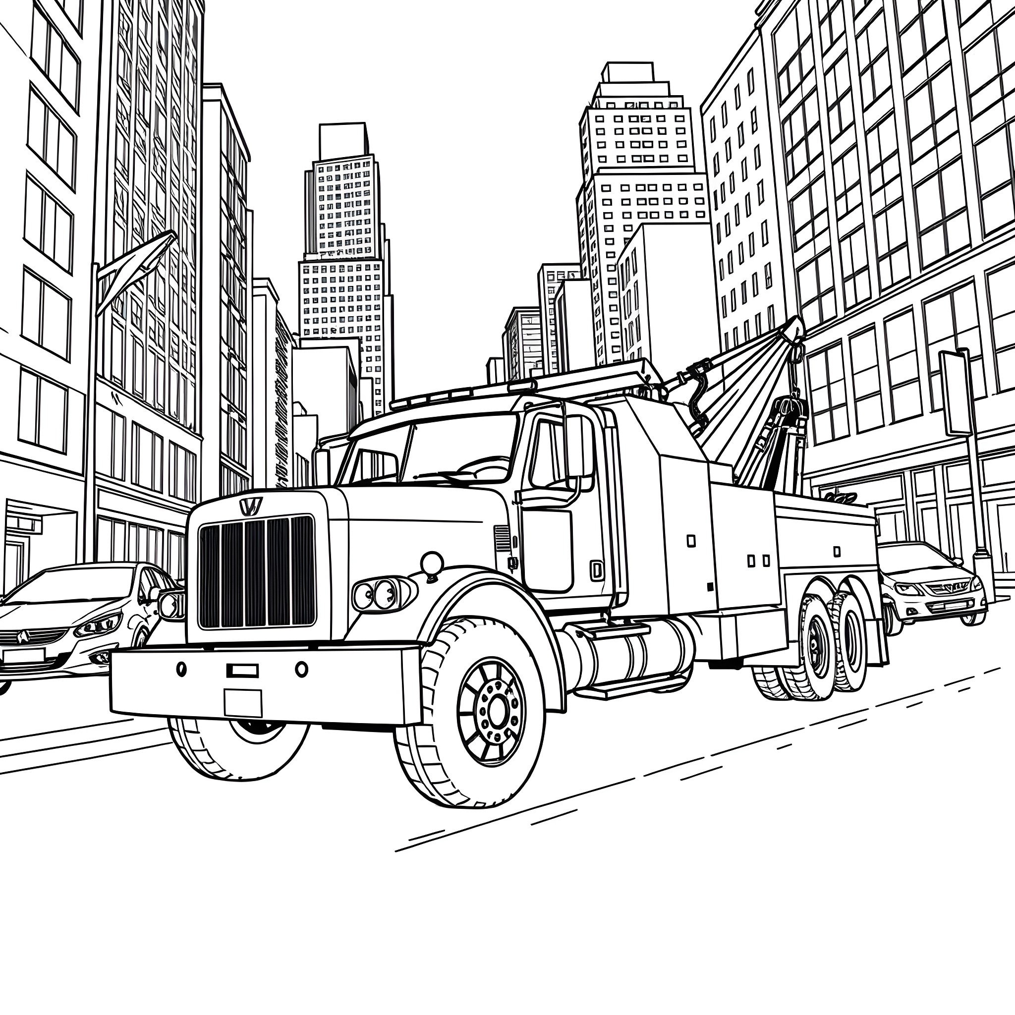 Tow Truck Assisting a Vehicle in a City Skyline Coloring Page (free black-and-white line drawing printable PDF for all, from beginners to advanced learners, including children, teens, adults, and seniors)