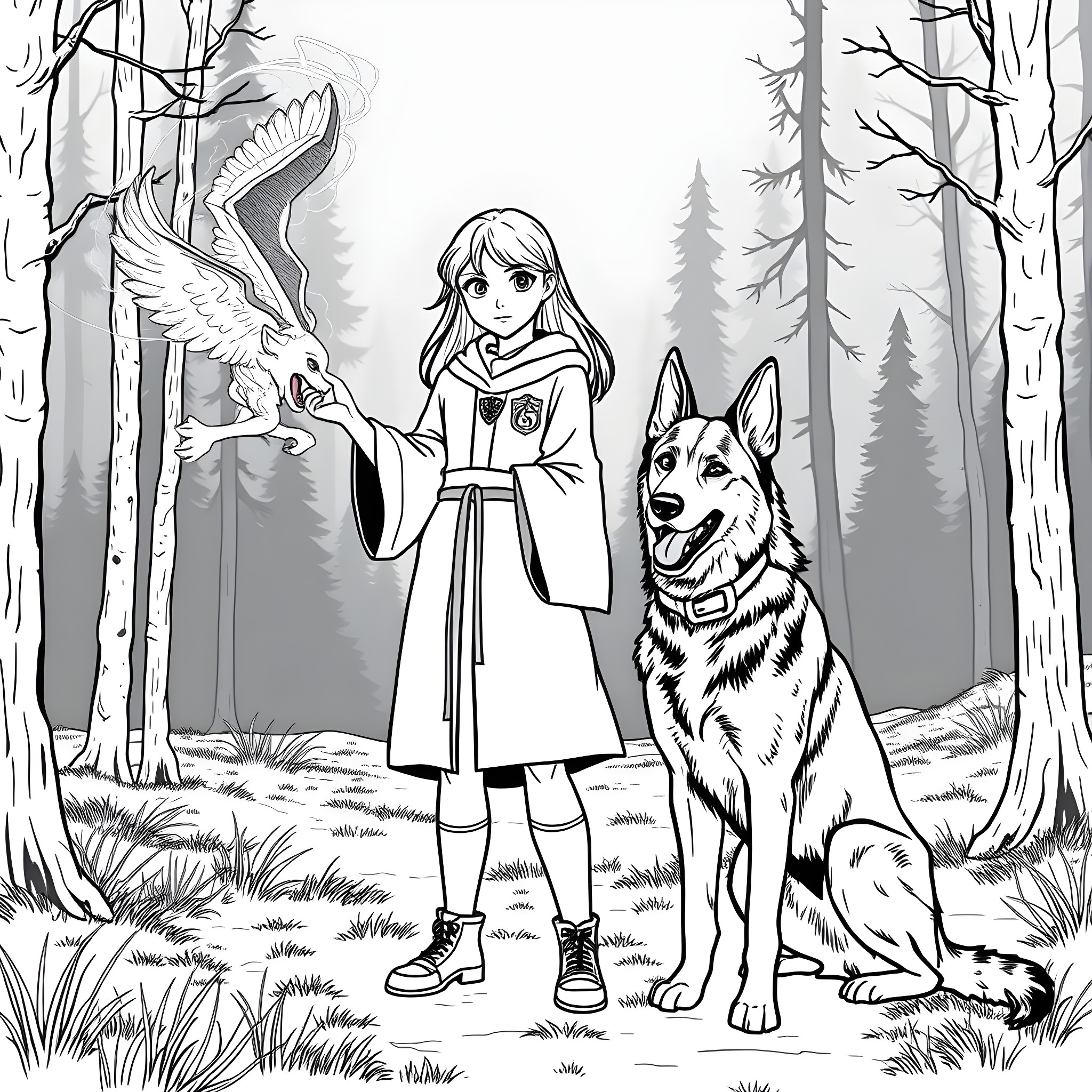 Teen Girl with Magical Companion in the Enchanted Forest Coloring Page (free black-and-white line drawing printable PDF for all, from beginners to advanced learners, including children, teens, adults, and seniors)
