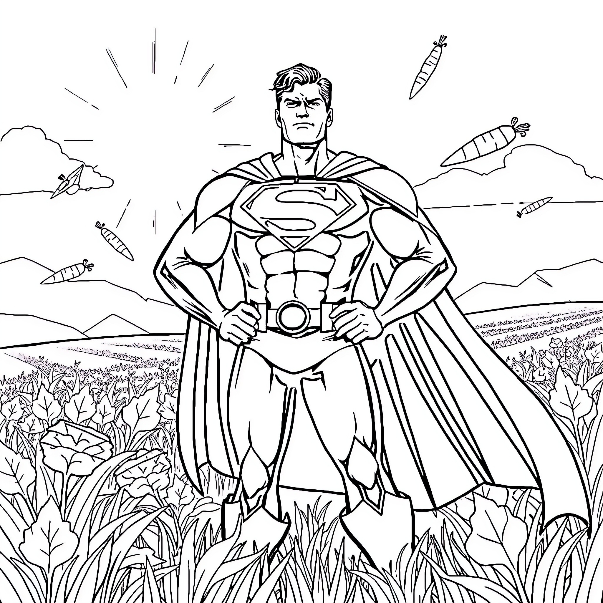 Superman heroically standing in a lush landscape Coloring Page (free black-and-white line drawing printable PDF for all, from beginners to advanced learners, including children, teens, adults, and seniors)