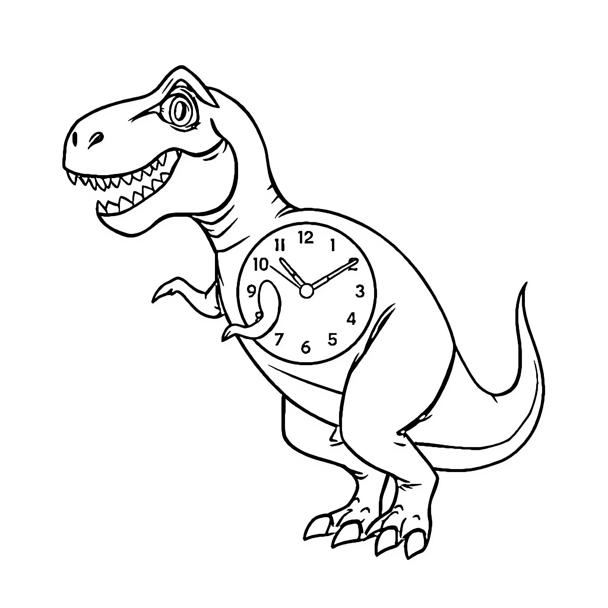 T-Rex clock showing the time Coloring Page (free black-and-white line drawing printable PDF for all, from beginners to advanced learners, including children, teens, adults, and seniors)