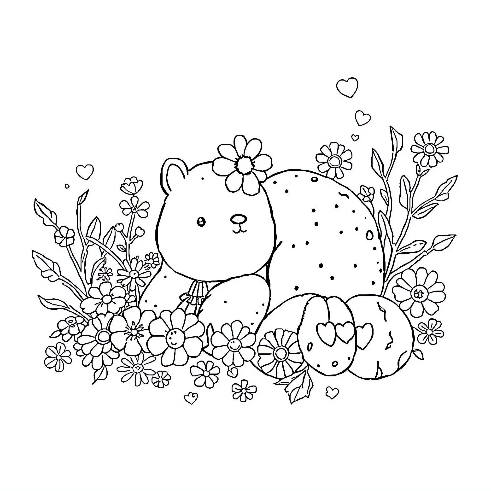 Cute animals and floral design Coloring Page (free black-and-white line drawing printable PDF for all, from beginners to advanced learners, including children, teens, adults, and seniors)
