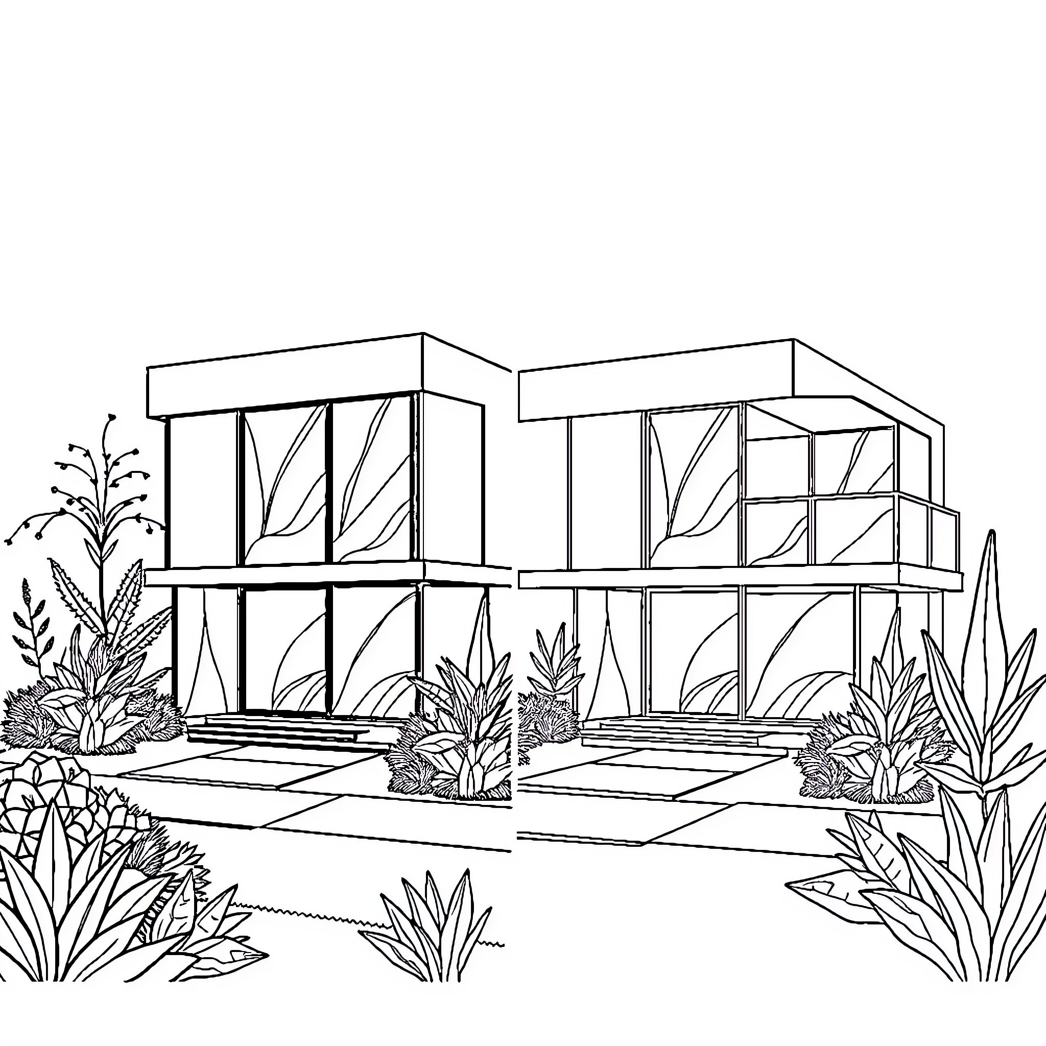 House with modern architecture and lush garden Coloring Page (free black-and-white line drawing printable PDF for all, from beginners to advanced learners, including children, teens, adults, and seniors)