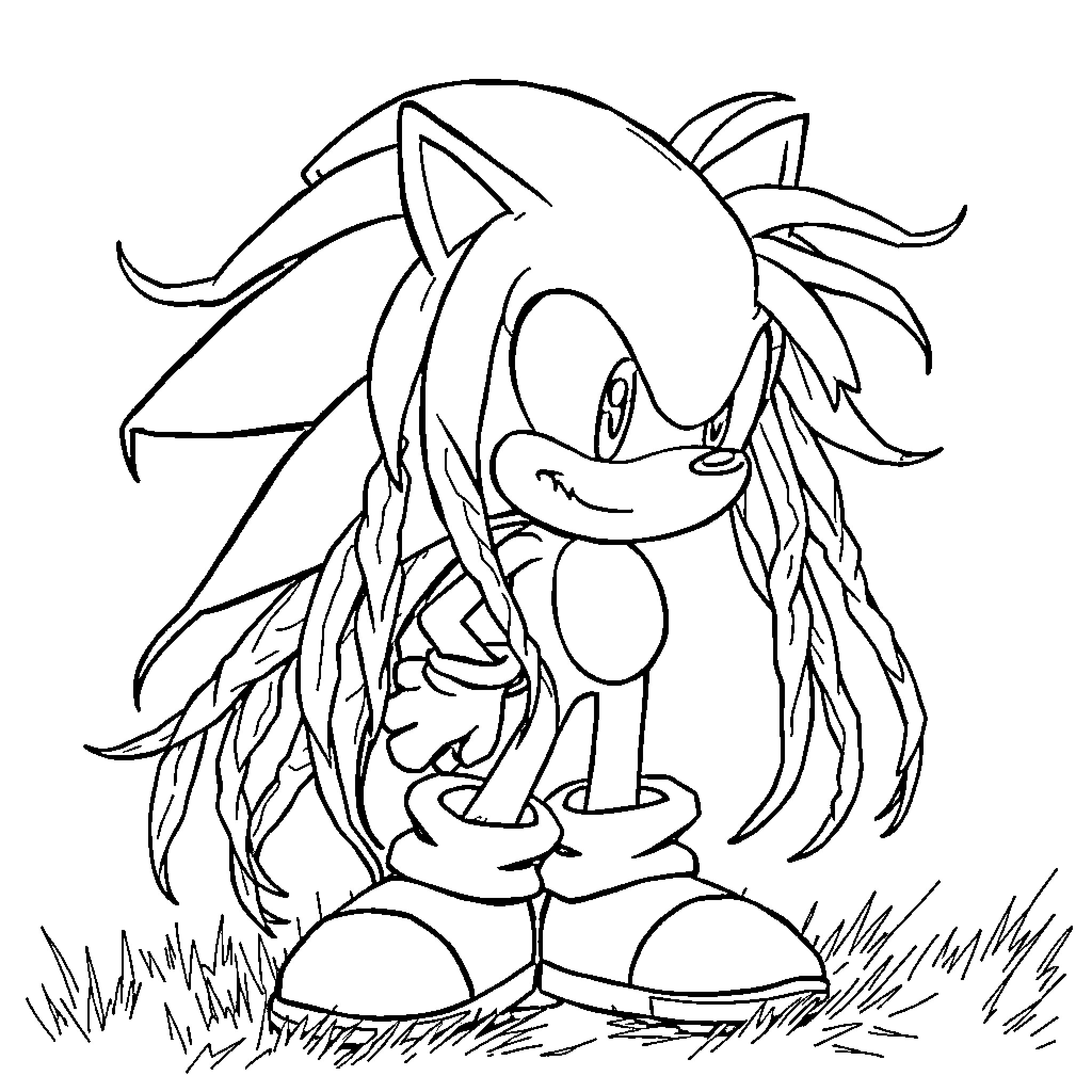 Sonic in a pensive pose on grassy field Coloring Page (free black-and-white line drawing printable PDF for all, from beginners to advanced learners, including children, teens, adults, and seniors)