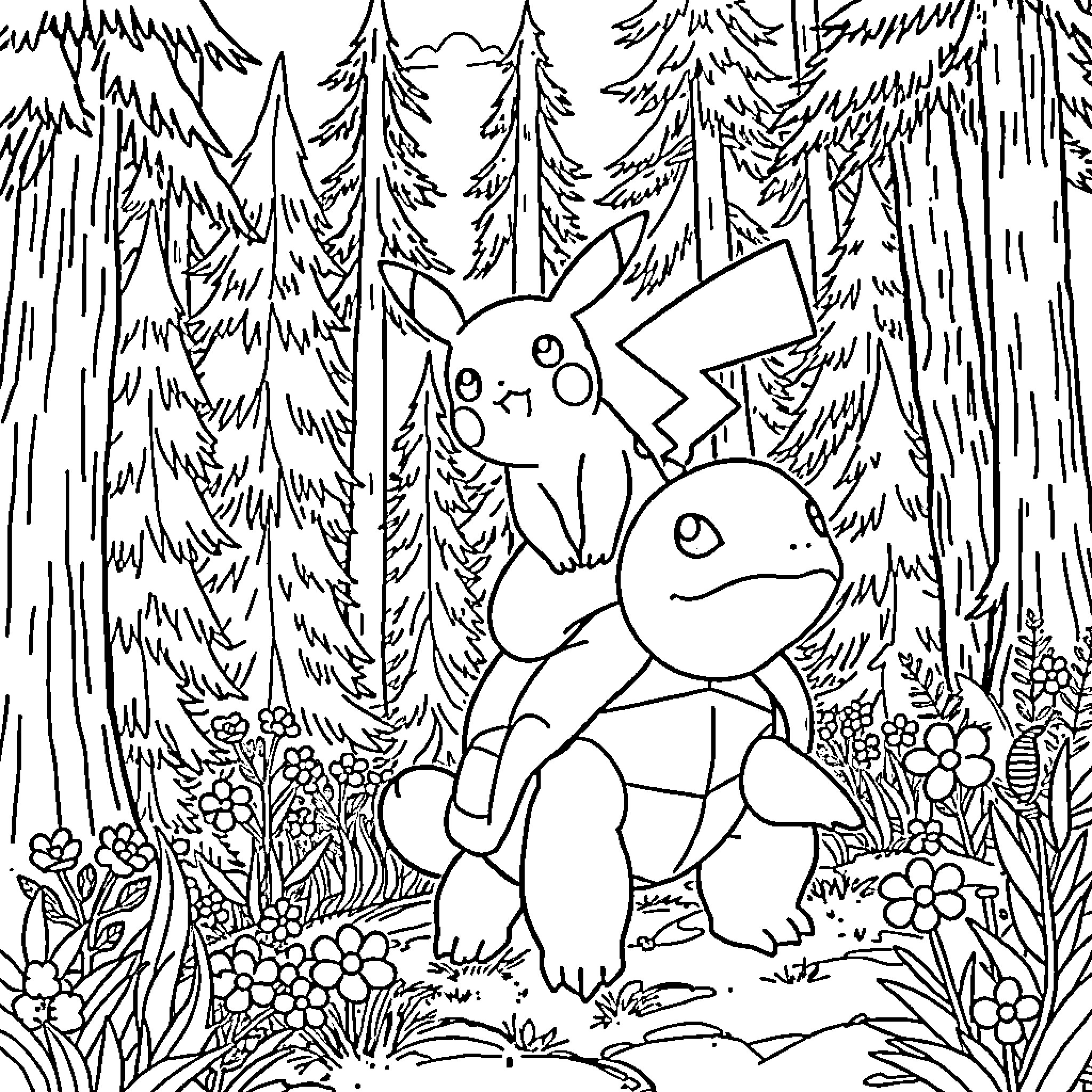 Pikachu exploring the forest with Bulbasaur Coloring Page (free black-and-white line drawing printable PDF for all, from beginners to advanced learners, including children, teens, adults, and seniors)
