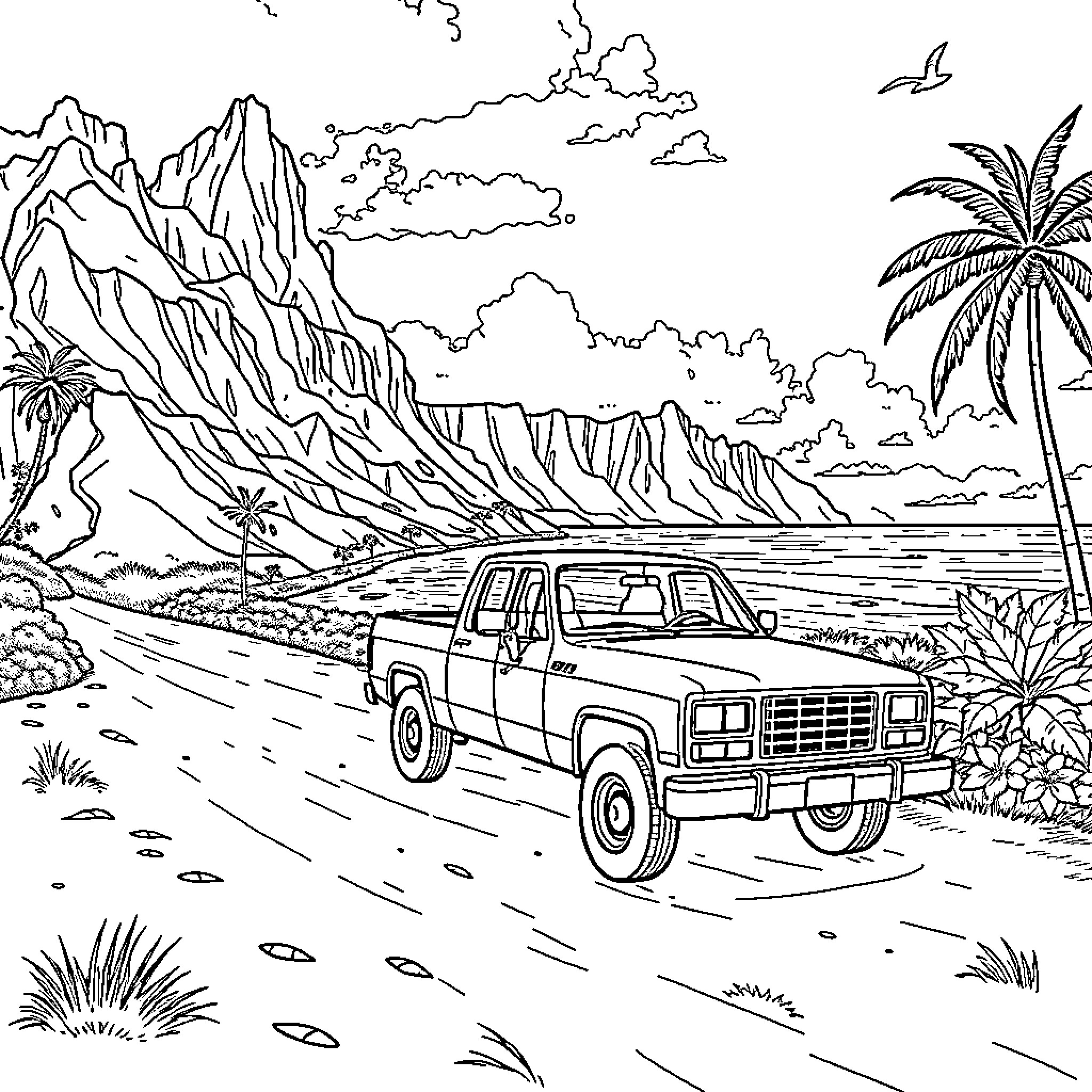 Pickup Truck on Tropical Beach Road Coloring Page (free black-and-white line drawing printable PDF for all, from beginners to advanced learners, including children, teens, adults, and seniors)