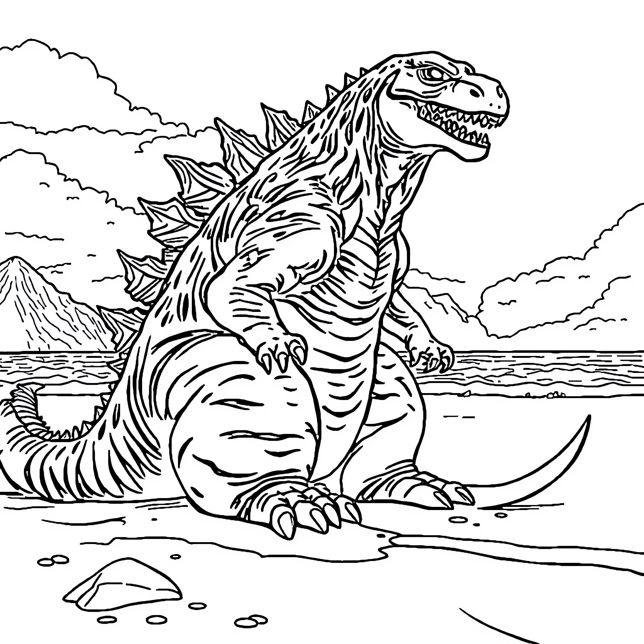 Godzilla rampaging through a coastal landscape Coloring Page (free black-and-white line drawing printable PDF for all, from beginners to advanced learners, including children, teens, adults, and seniors)