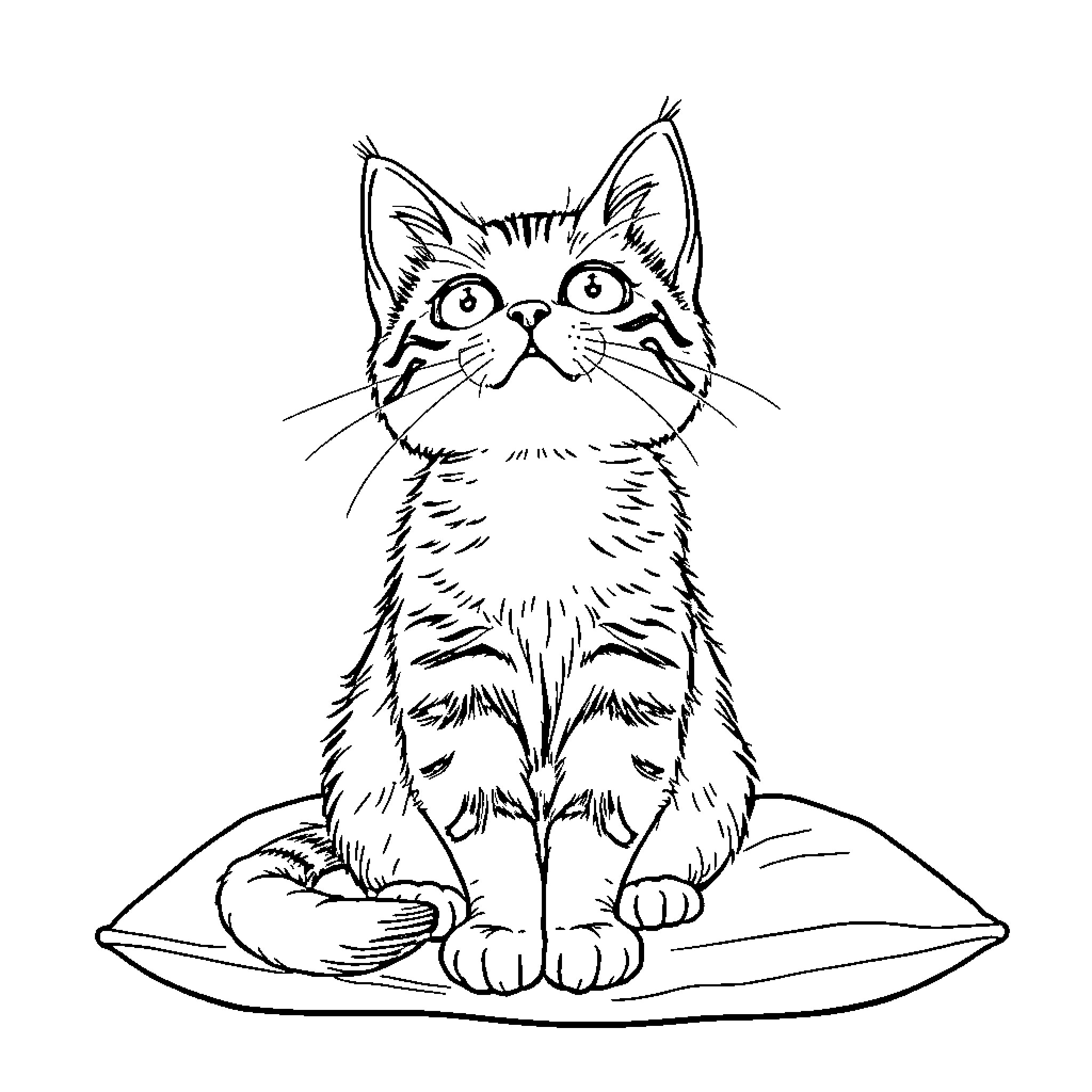 Cat Sitting Attentively on Pillow Coloring Page (free black-and-white line drawing printable PDF for all, from beginners to advanced learners, including children, teens, adults, and seniors)