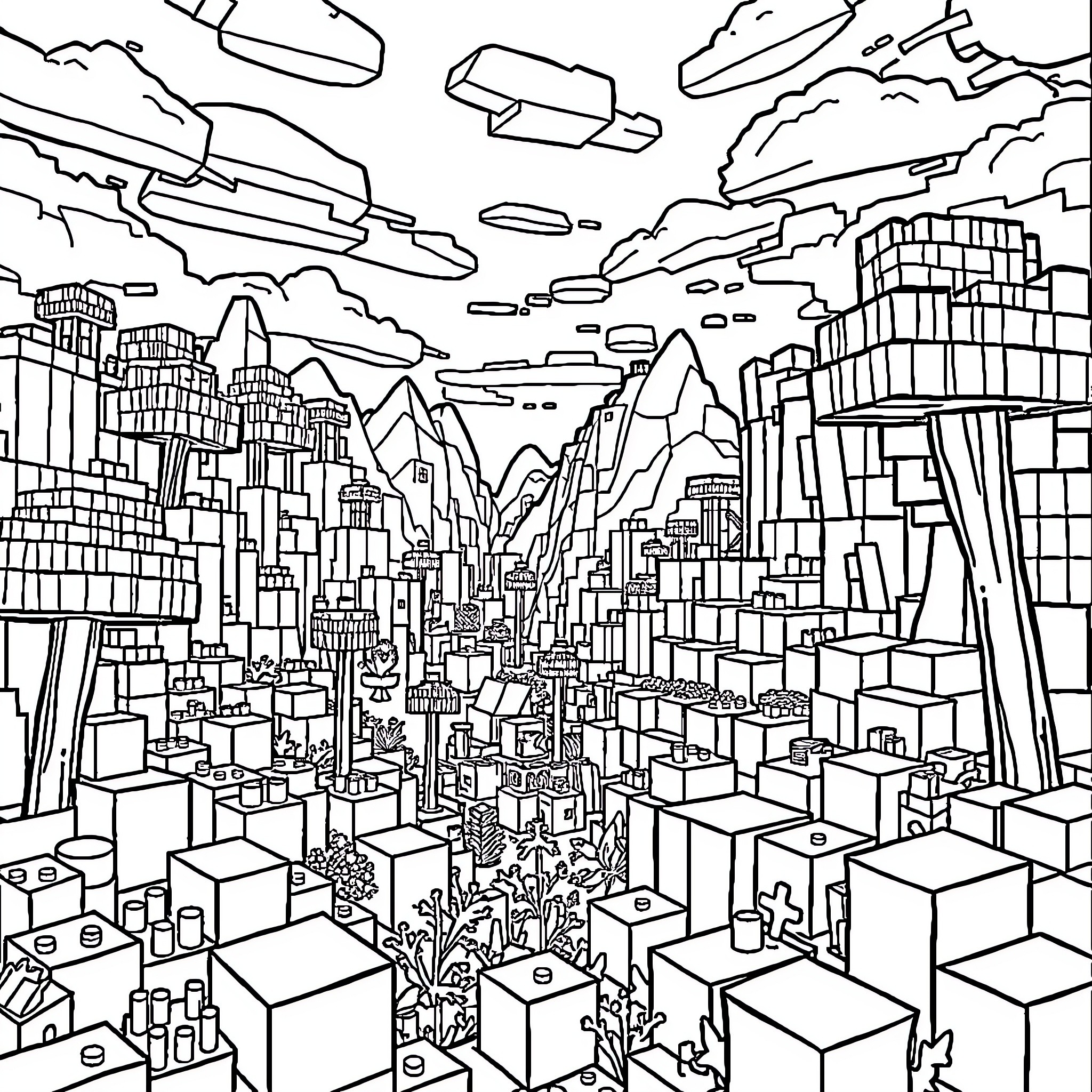 Minecraft Cityscape in Monochrome Coloring Page (free black-and-white line drawing printable PDF for all, from beginners to advanced learners, including children, teens, adults, and seniors)