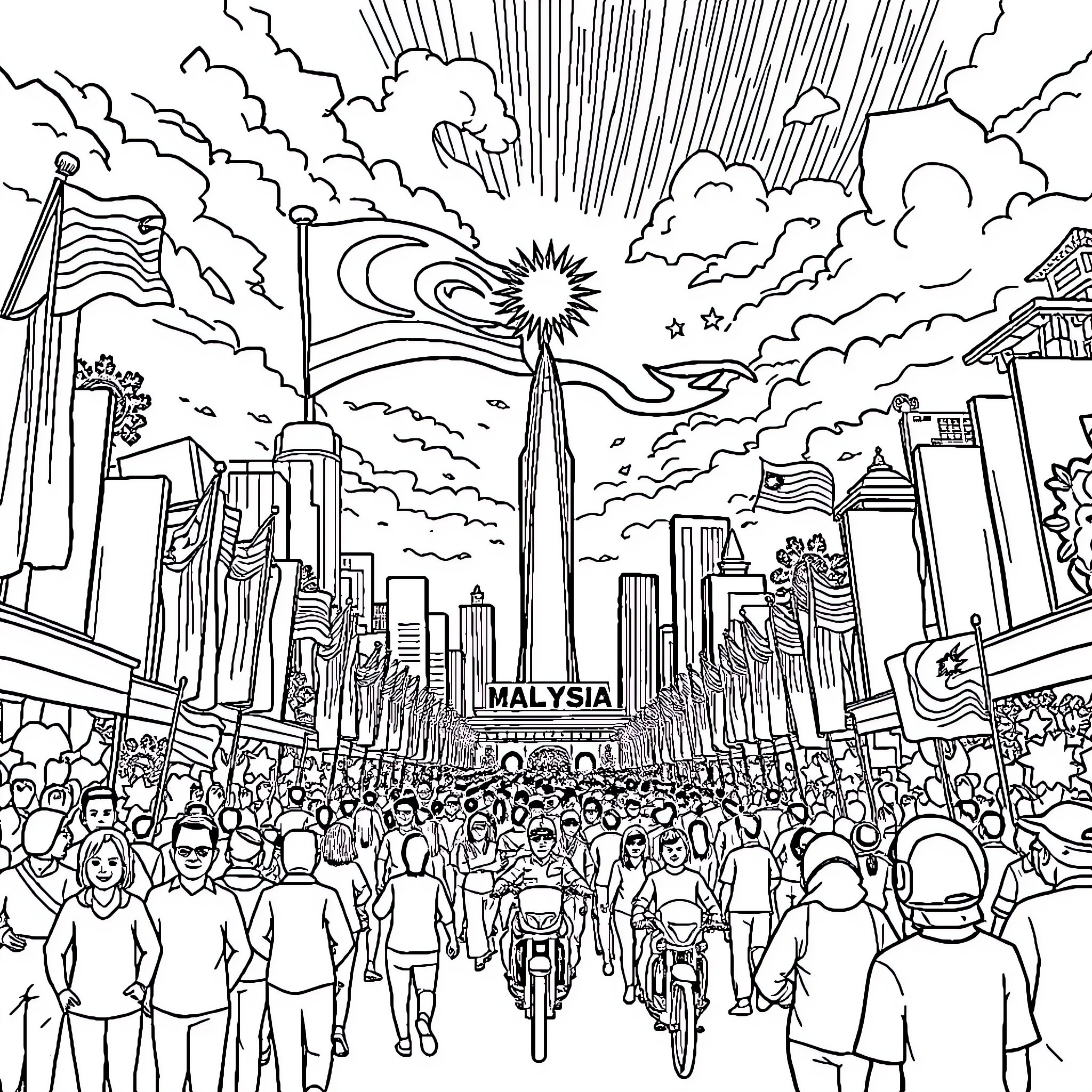 Merdeka: Celebrating Independence in the Vibrant City Coloring Page (free black-and-white line drawing printable PDF for all, from beginners to advanced learners, including children, teens, adults, and seniors)