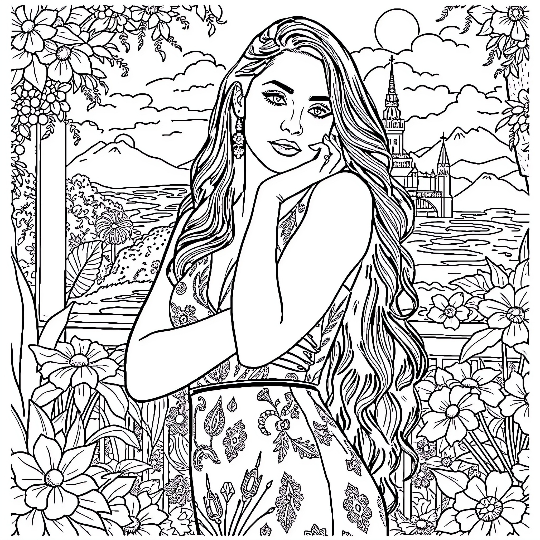 Jenna Ortega in a whimsical floral landscape Coloring Page (free black-and-white line drawing printable PDF for all, from beginners to advanced learners, including children, teens, adults, and seniors)