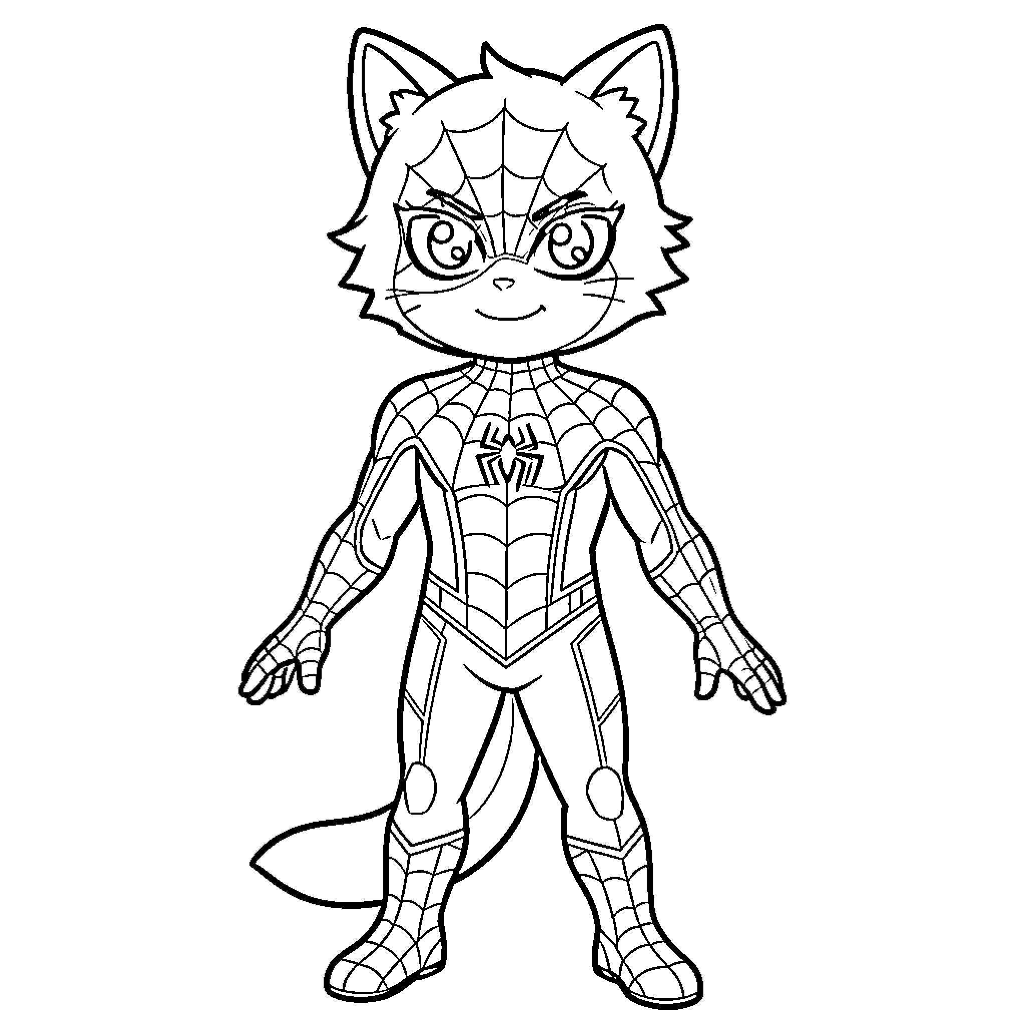 Costume of a superhero cat standing heroically Coloring Page (free black-and-white line drawing printable PDF for all, from beginners to advanced learners, including children, teens, adults, and seniors)