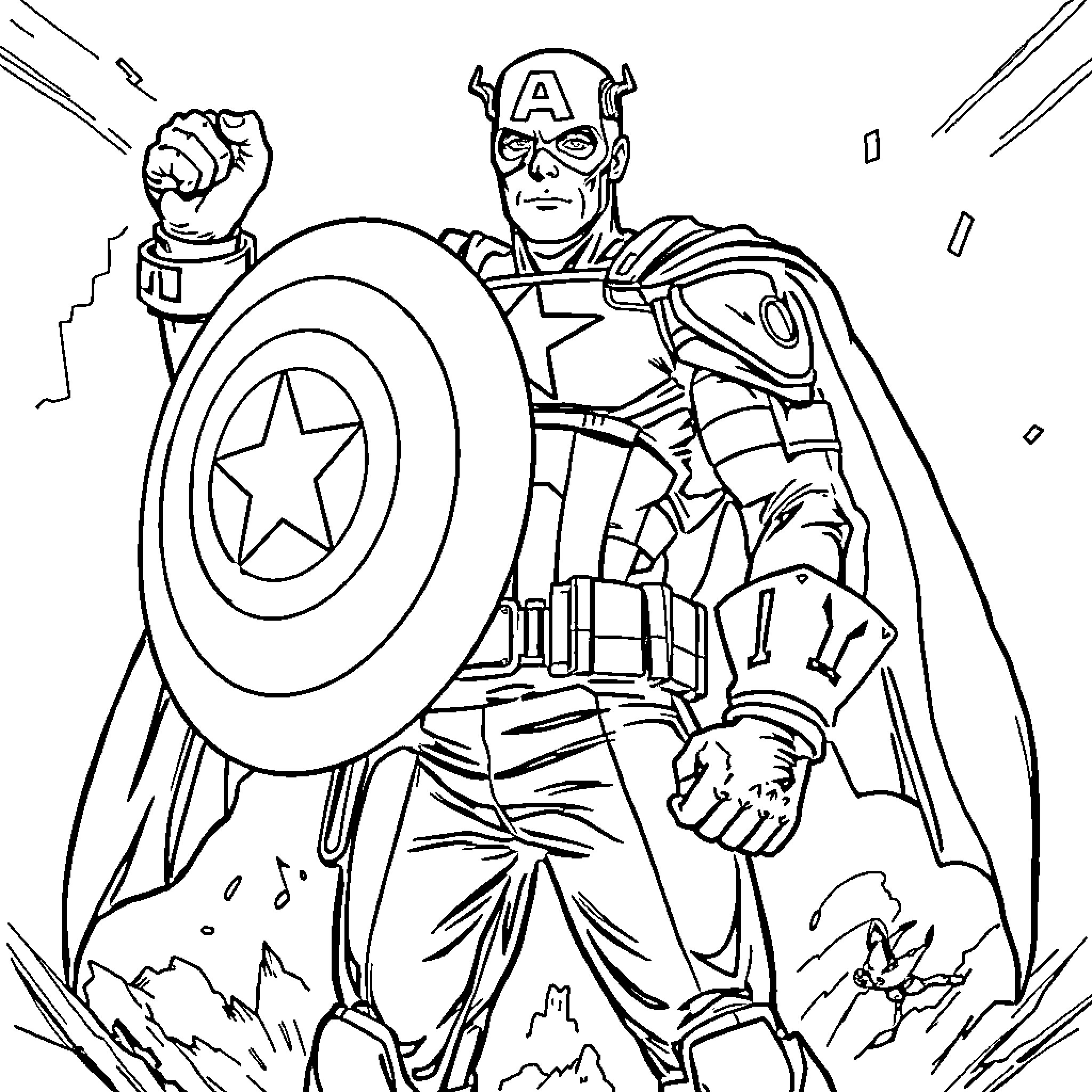 Captain America Heroically Defending the Nation Coloring Page (free black-and-white line drawing printable PDF for all, from beginners to advanced learners, including children, teens, adults, and seniors)