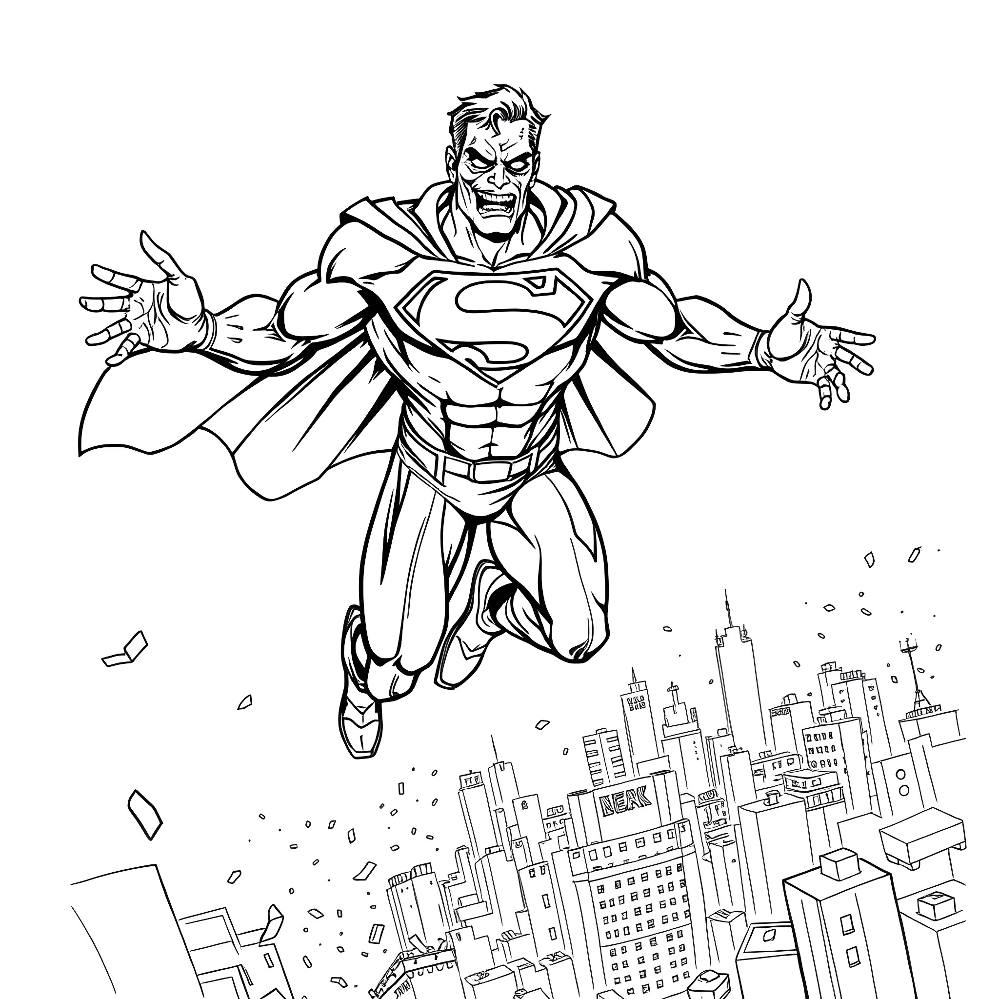 Zombie superhero soaring over dystopian city Coloring Page (free black-and-white line drawing printable PDF for all, from beginners to advanced learners, including children, teens, adults, and seniors)