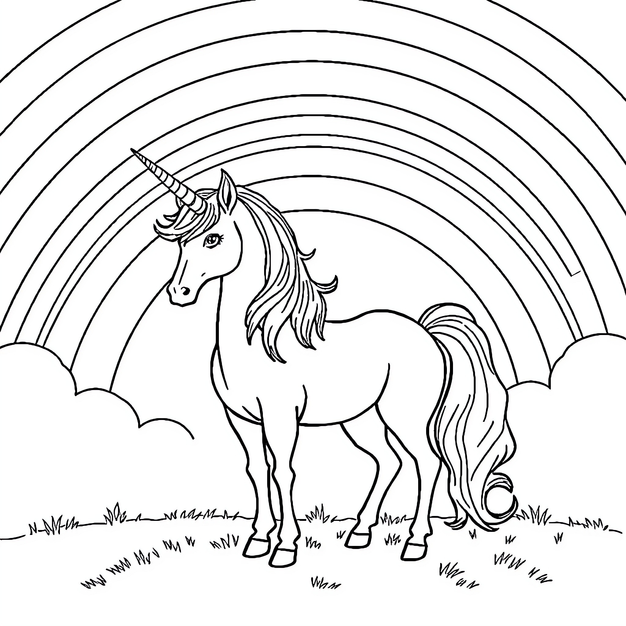 Unicorn standing majestic under a rainbow Coloring Page (free black-and-white line drawing printable PDF for all, from beginners to advanced learners, including children, teens, adults, and seniors)