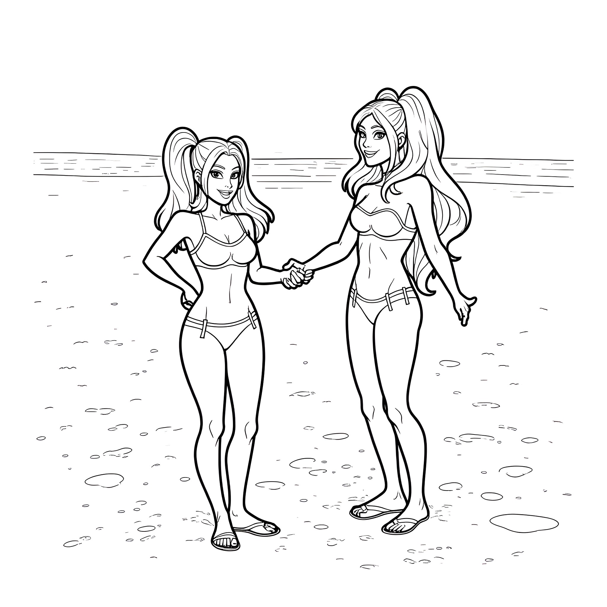 Harley Quinn and friend enjoying a day at the beach Coloring Page (free black-and-white line drawing printable PDF for all, from beginners to advanced learners, including children, teens, adults, and seniors)