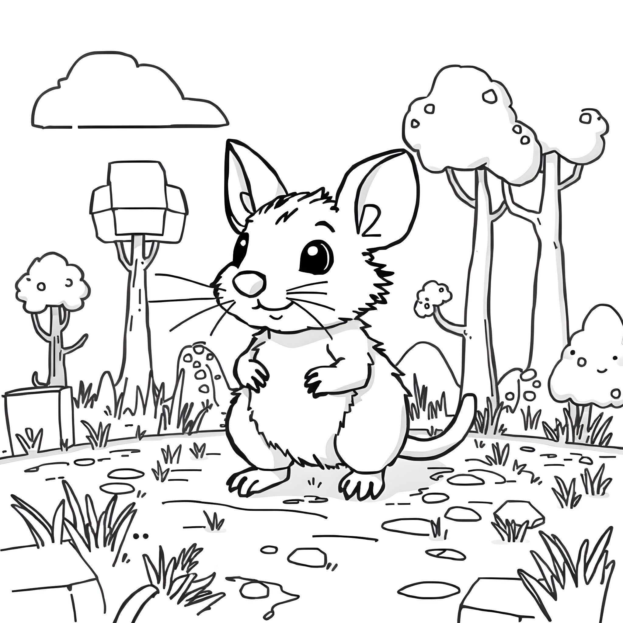 Pikachu exploring the forest with friends Coloring Page (free black-and-white line drawing printable PDF for all, from beginners to advanced learners, including children, teens, adults, and seniors)