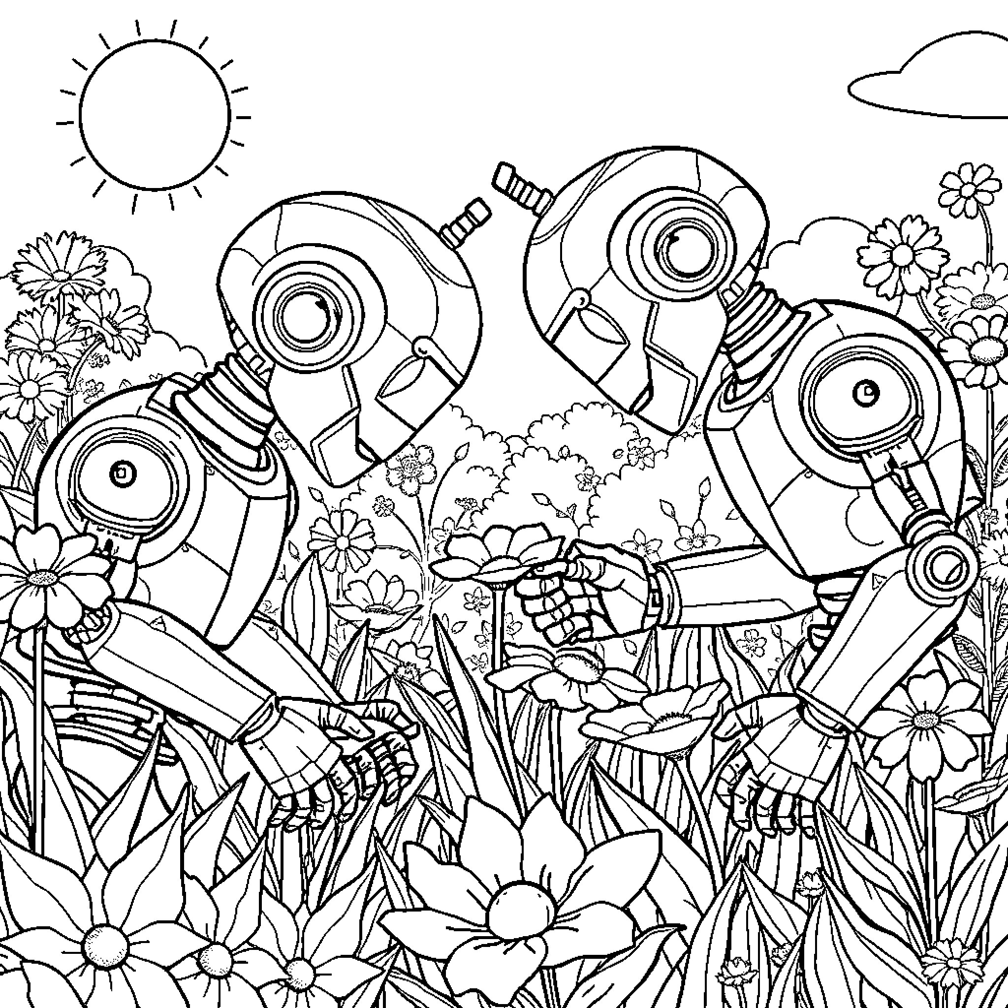 Robot Figures Exploring Lush Flower Garden Coloring Page (free black-and-white line drawing printable PDF for all, from beginners to advanced learners, including children, teens, adults, and seniors)