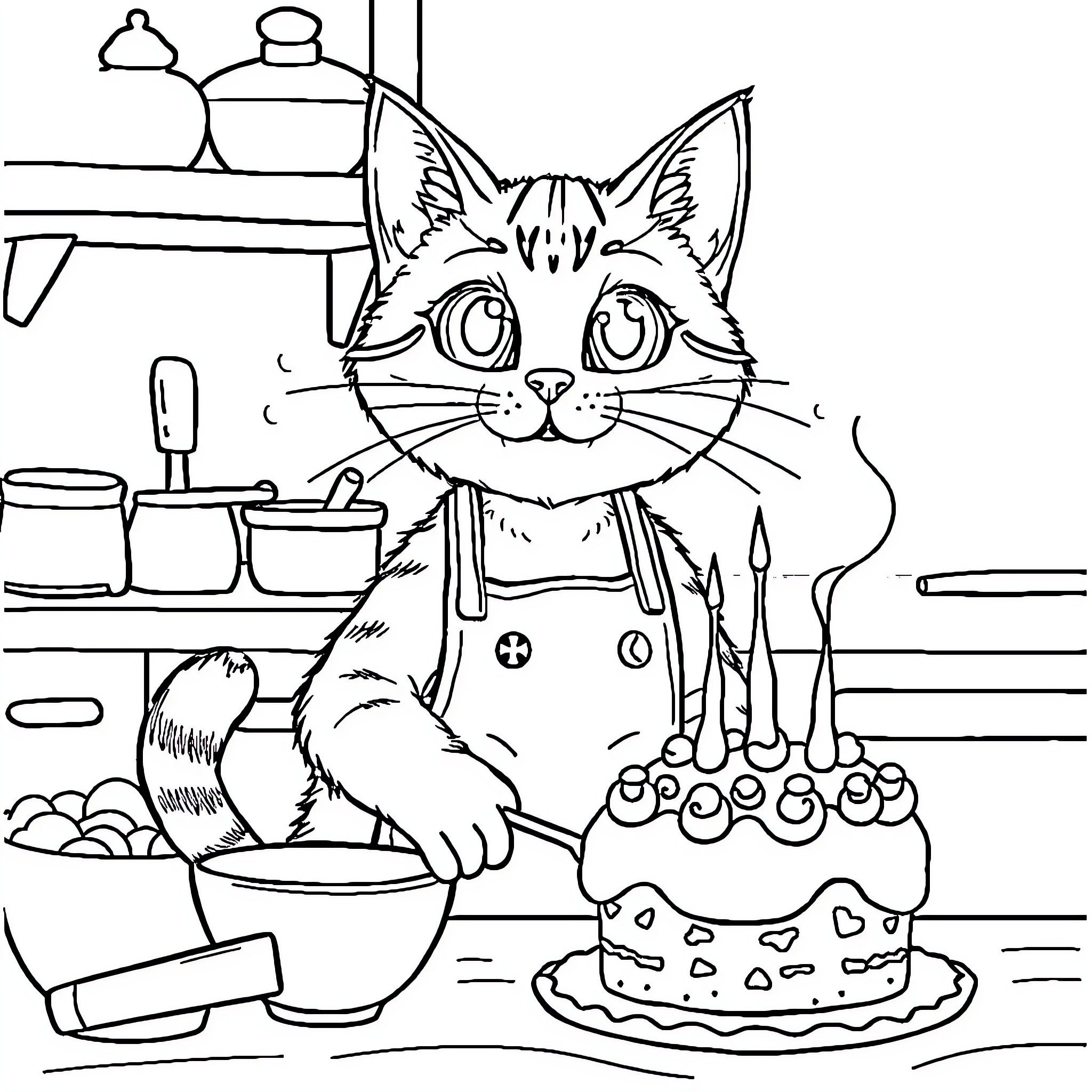 Cat with a Birthday Cake in the Kitchen Coloring Page (free black-and-white line drawing printable PDF for all, from beginners to advanced learners, including children, teens, adults, and seniors)