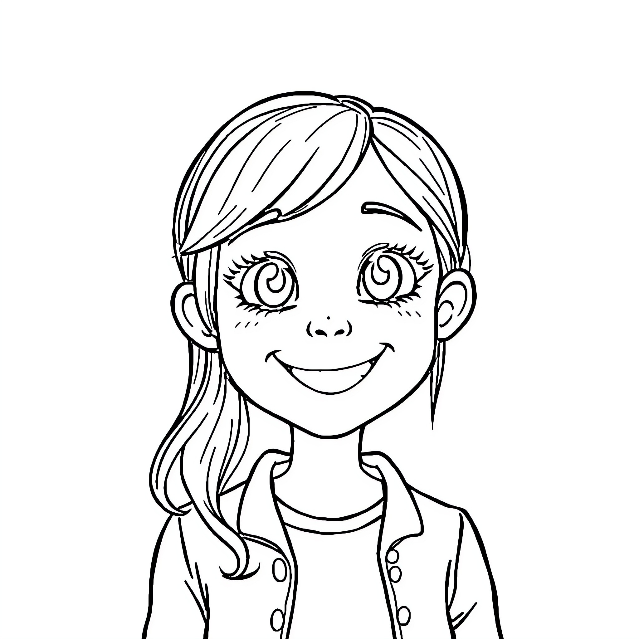 Jemily's Cheerful Portrait Coloring Page (free black-and-white line drawing printable PDF for all, from beginners to advanced learners, including children, teens, adults, and seniors)